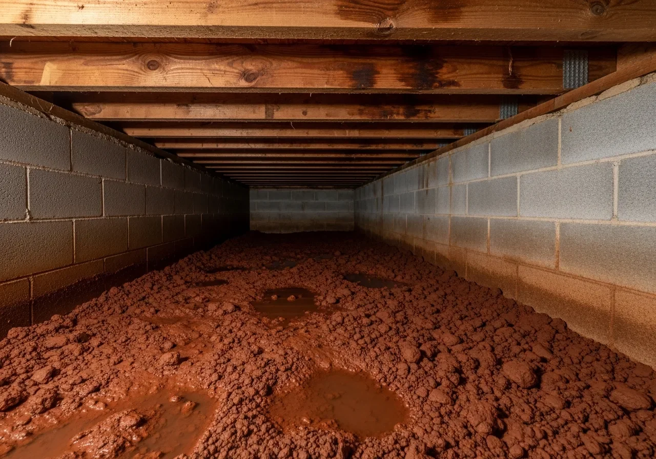 Charlotte North Carolina crawl space showing red Piedmont clay soil and moisture damage