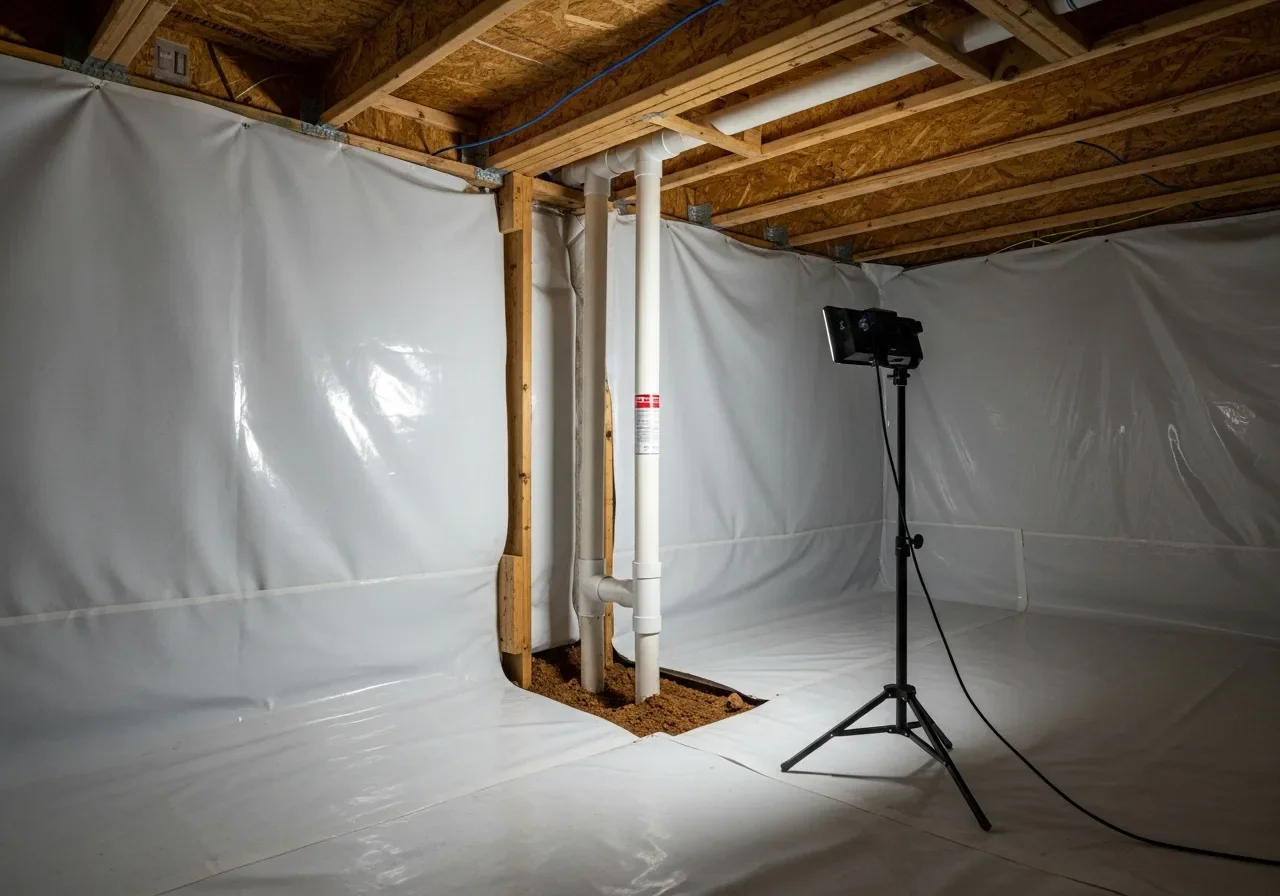 Radon mitigation pipe installed through a sealed crawl space vapor barrier
