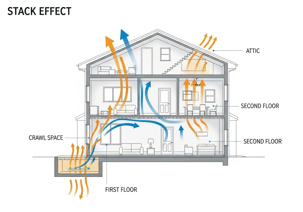 Diagram of the stack effect showing how warm air rises through a home pulling crawl space air upstairs