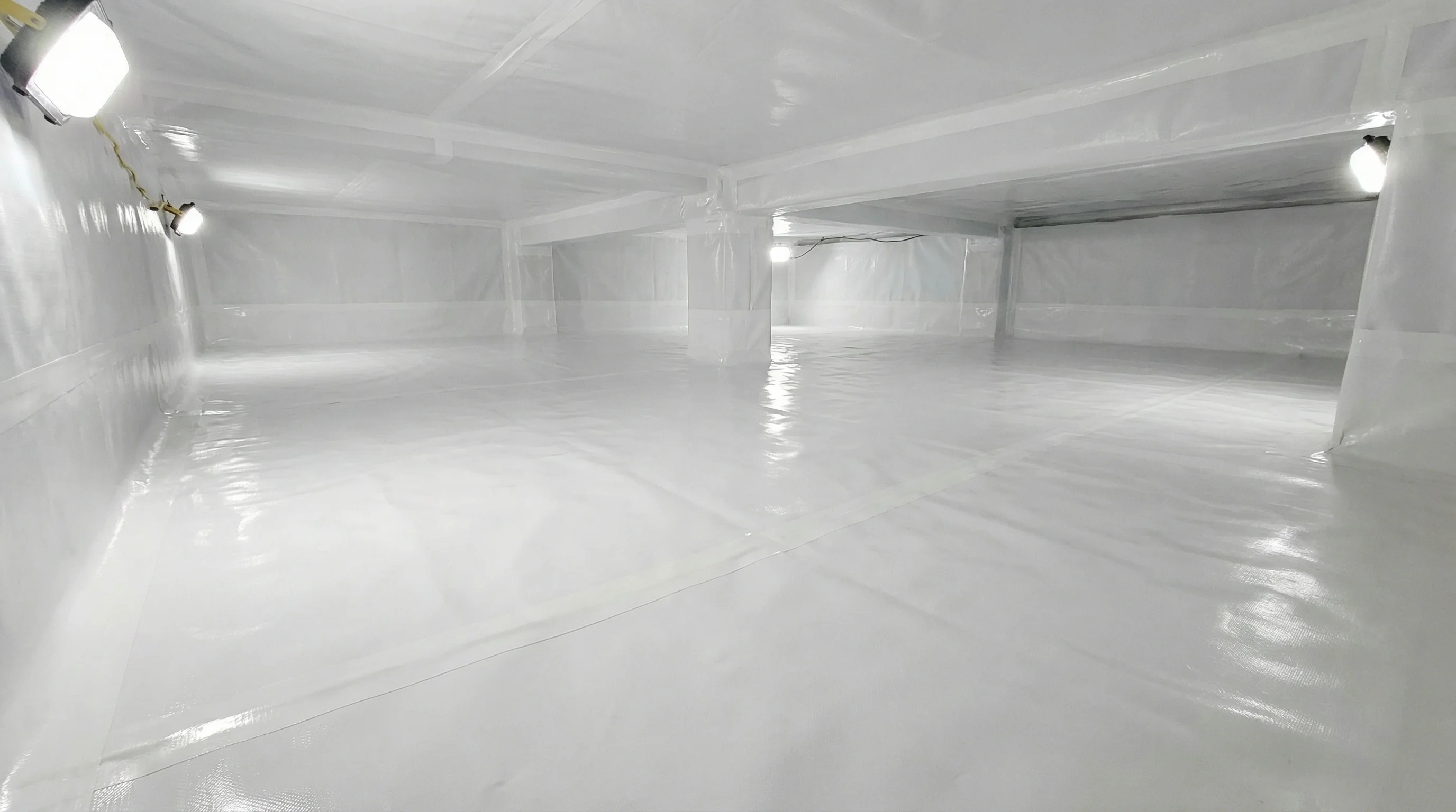 Fully encapsulated crawl space with vapor barrier preventing future mold growth