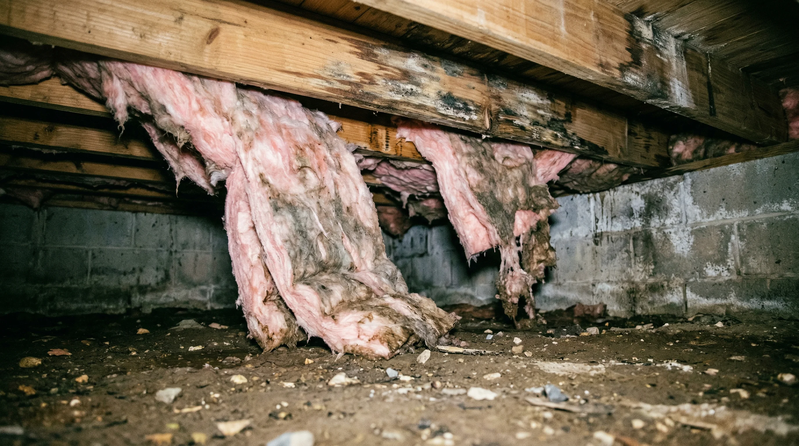 Sagging wet fiberglass insulation falling from crawl space floor joists