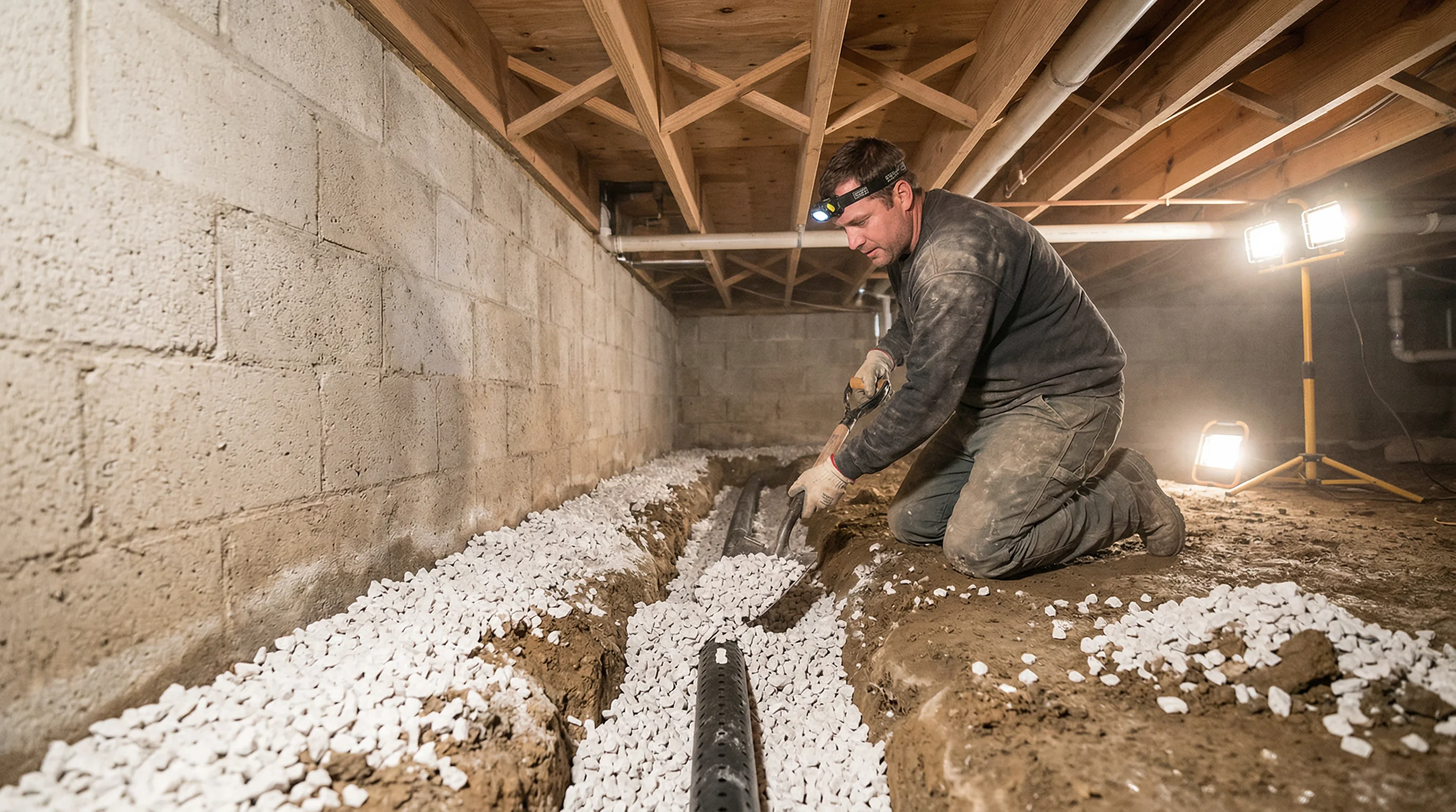 Interior French drain trench with gravel and perforated pipe in crawl space