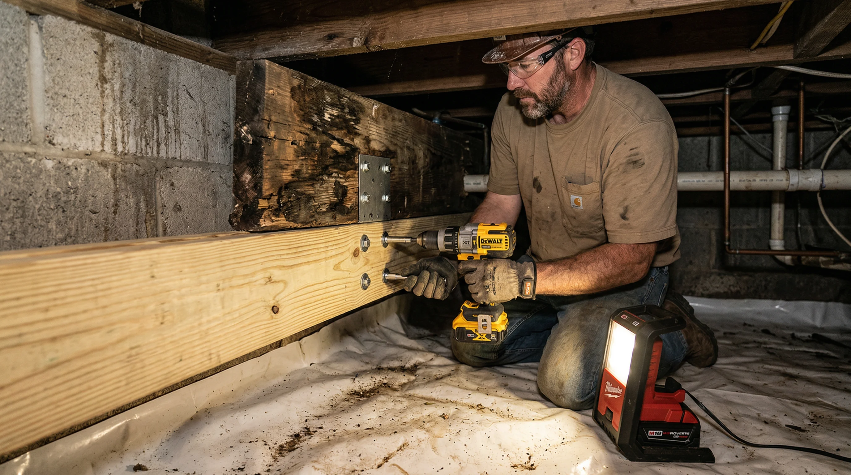 Worker installing sister joist alongside damaged floor joist in crawl space