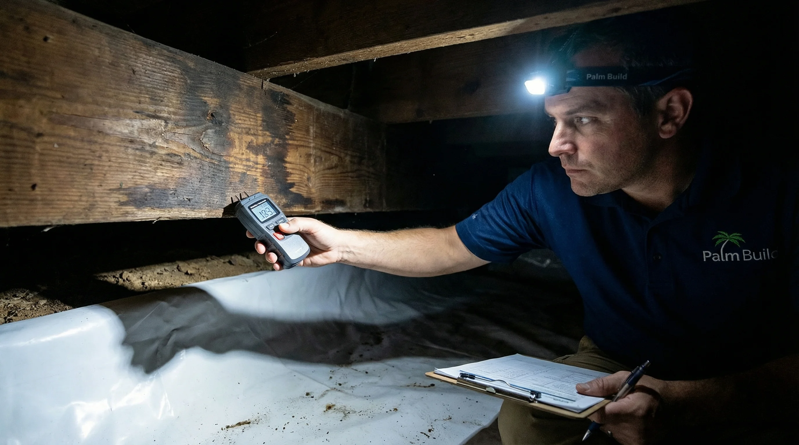 Technician using moisture meter to assess crawl space conditions