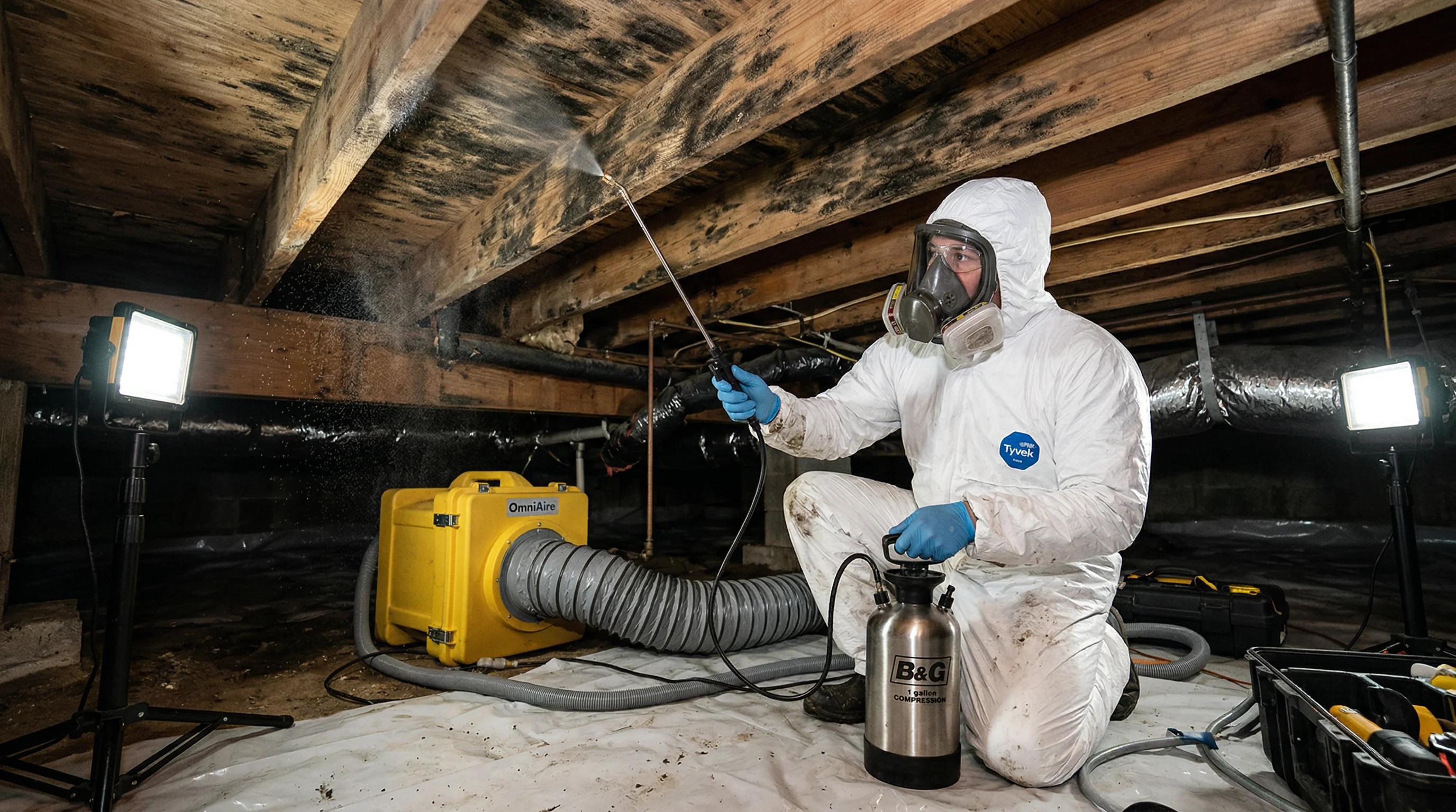 Worker in full PPE treating mold on crawl space wood with antimicrobial sprayer