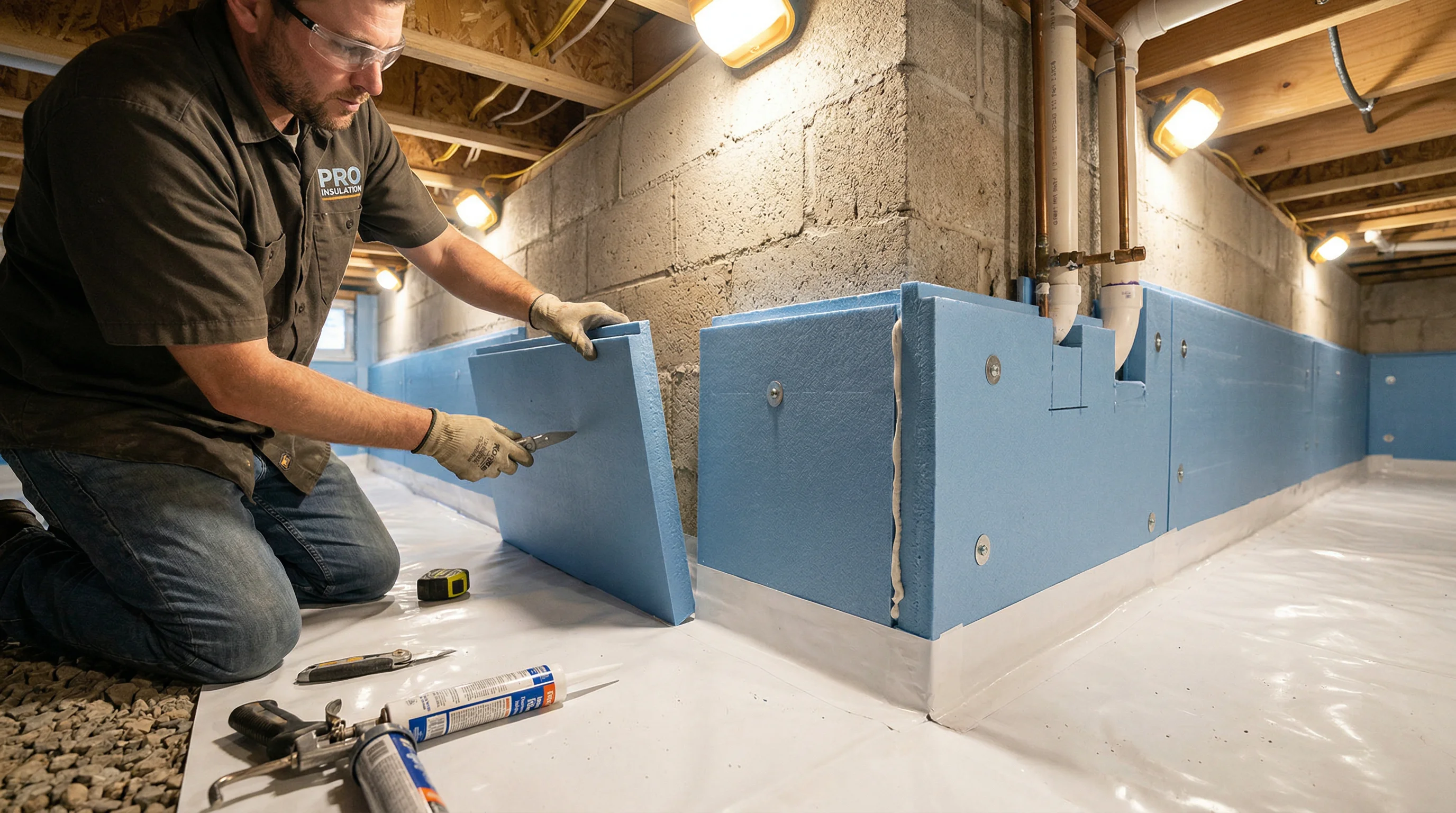 Rigid foam board insulation installed on crawl space foundation walls