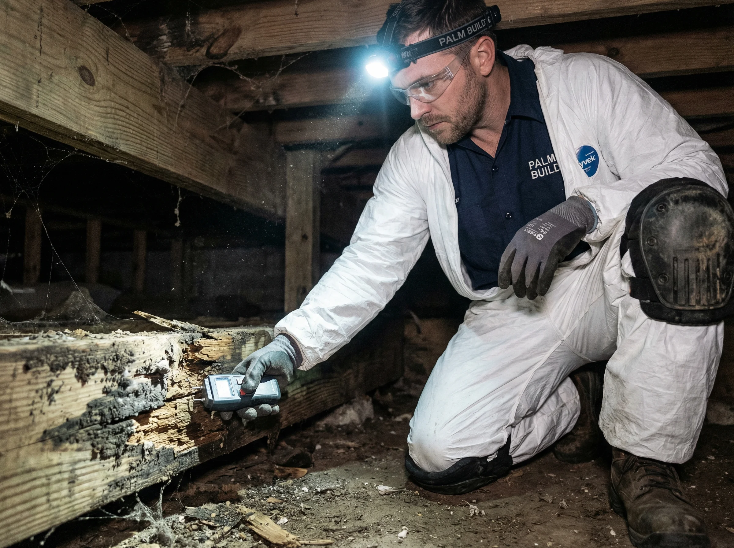 Palm Build specialist inspecting crawl space for mold with flashlight and moisture meter