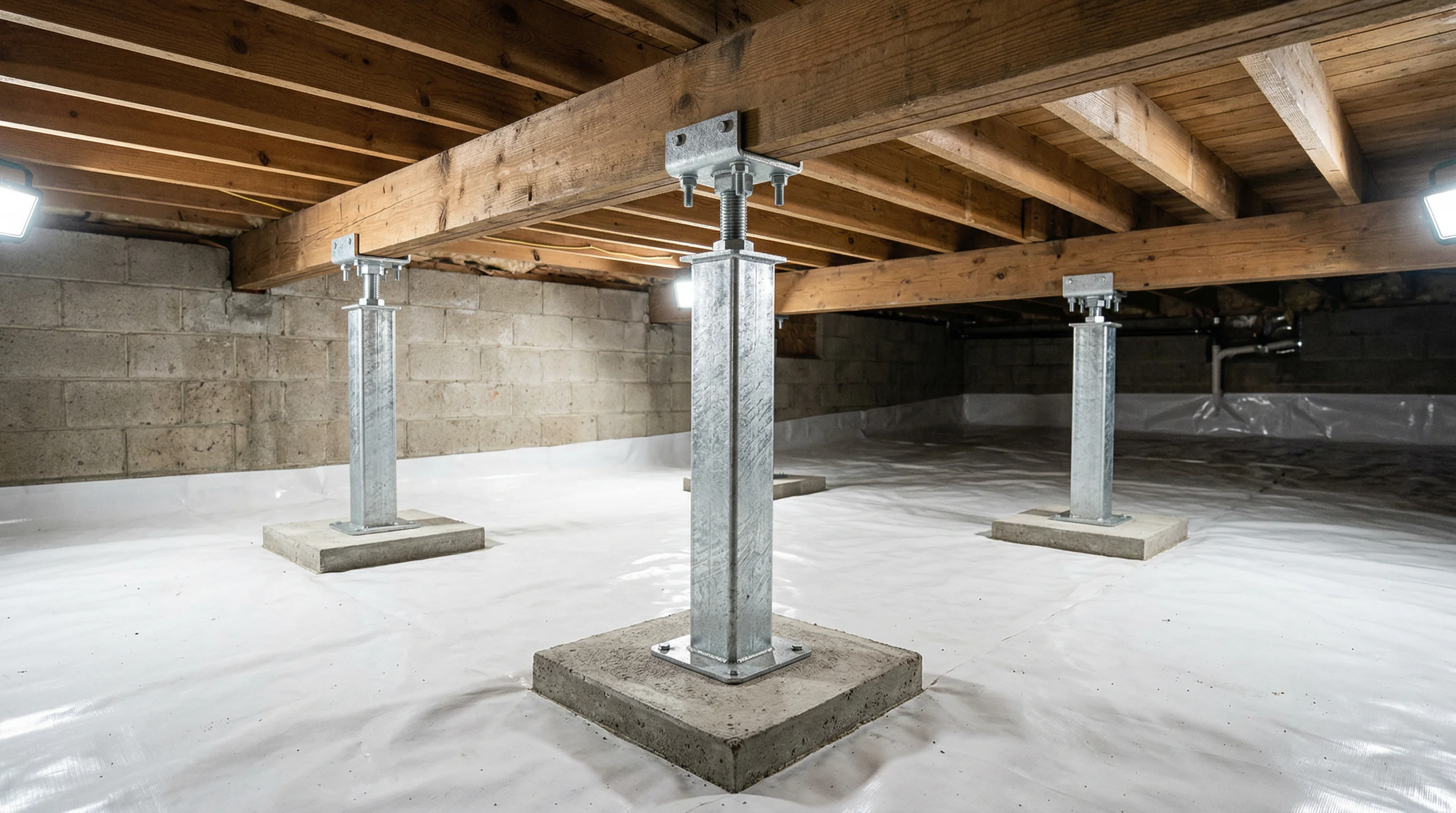 Adjustable steel jack posts supporting beam in crawl space
