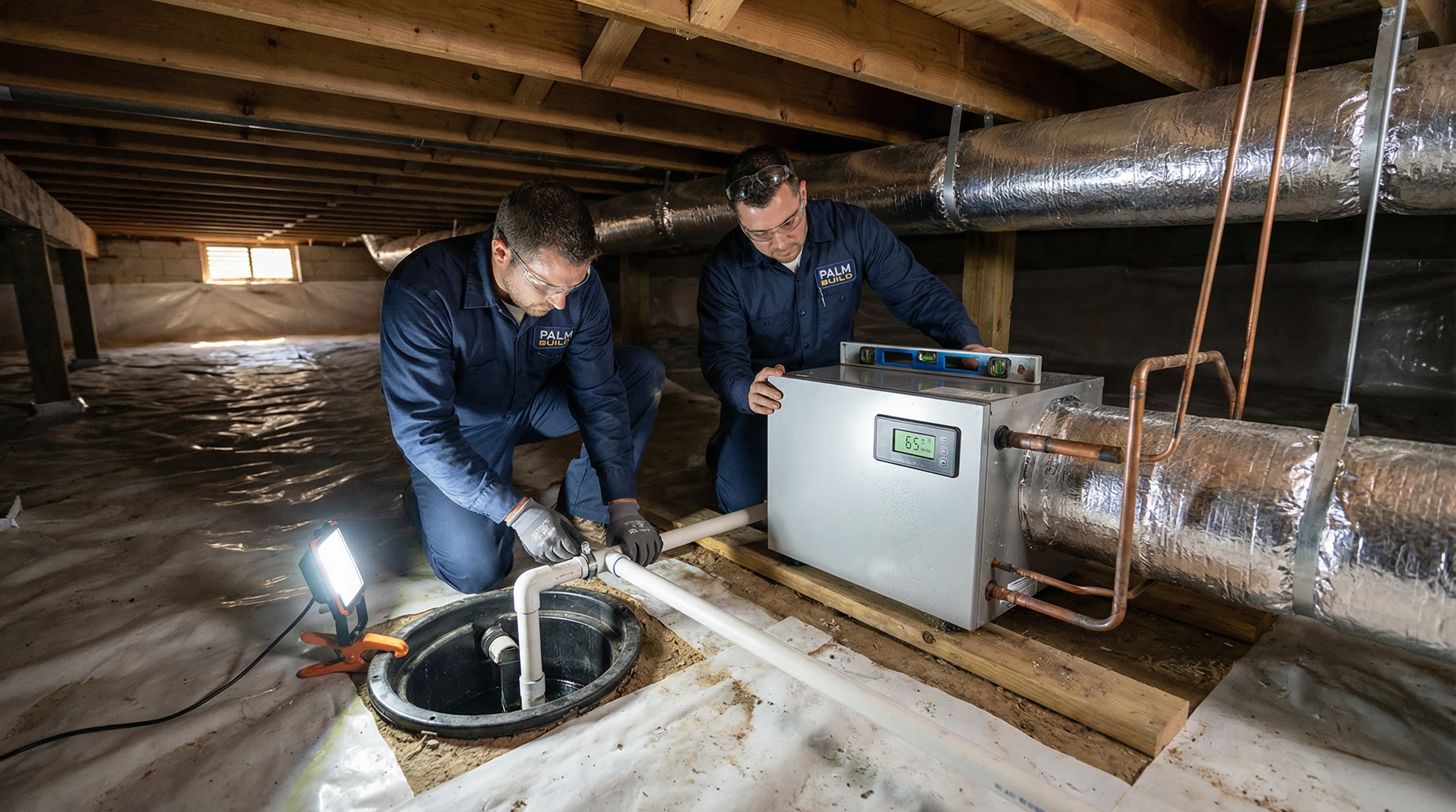 Commercial dehumidifier installed in crawl space for moisture control