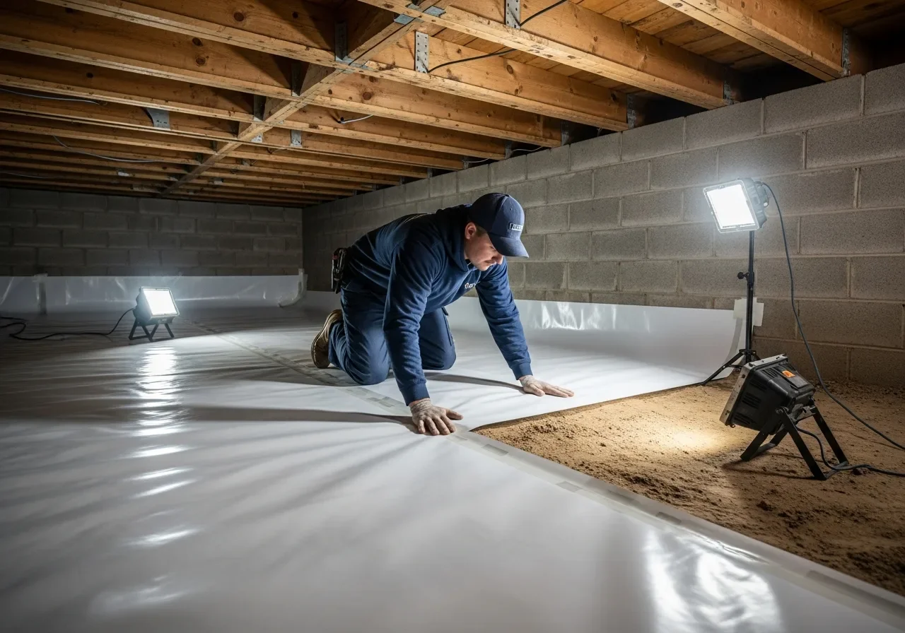 Palm Build technician mid-install of vapor barrier on crawl space soil