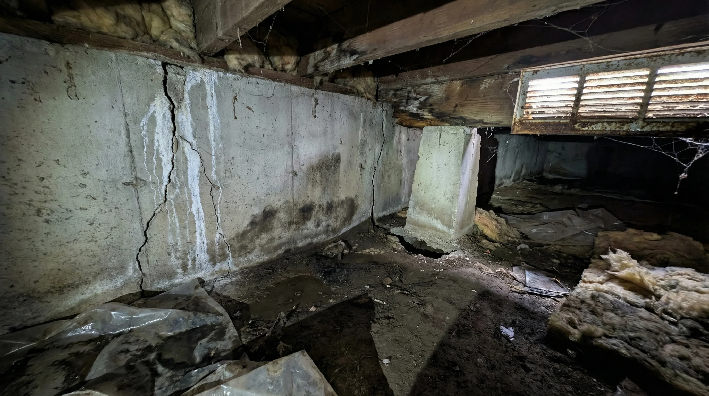 Foundation settling and cracks visible in crawl space