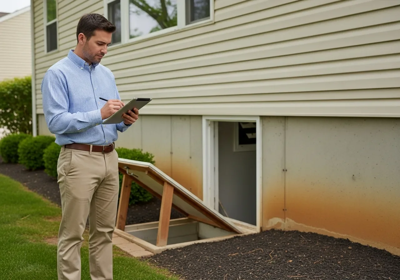 Insurance adjuster documenting crawl space water damage for a homeowners claim