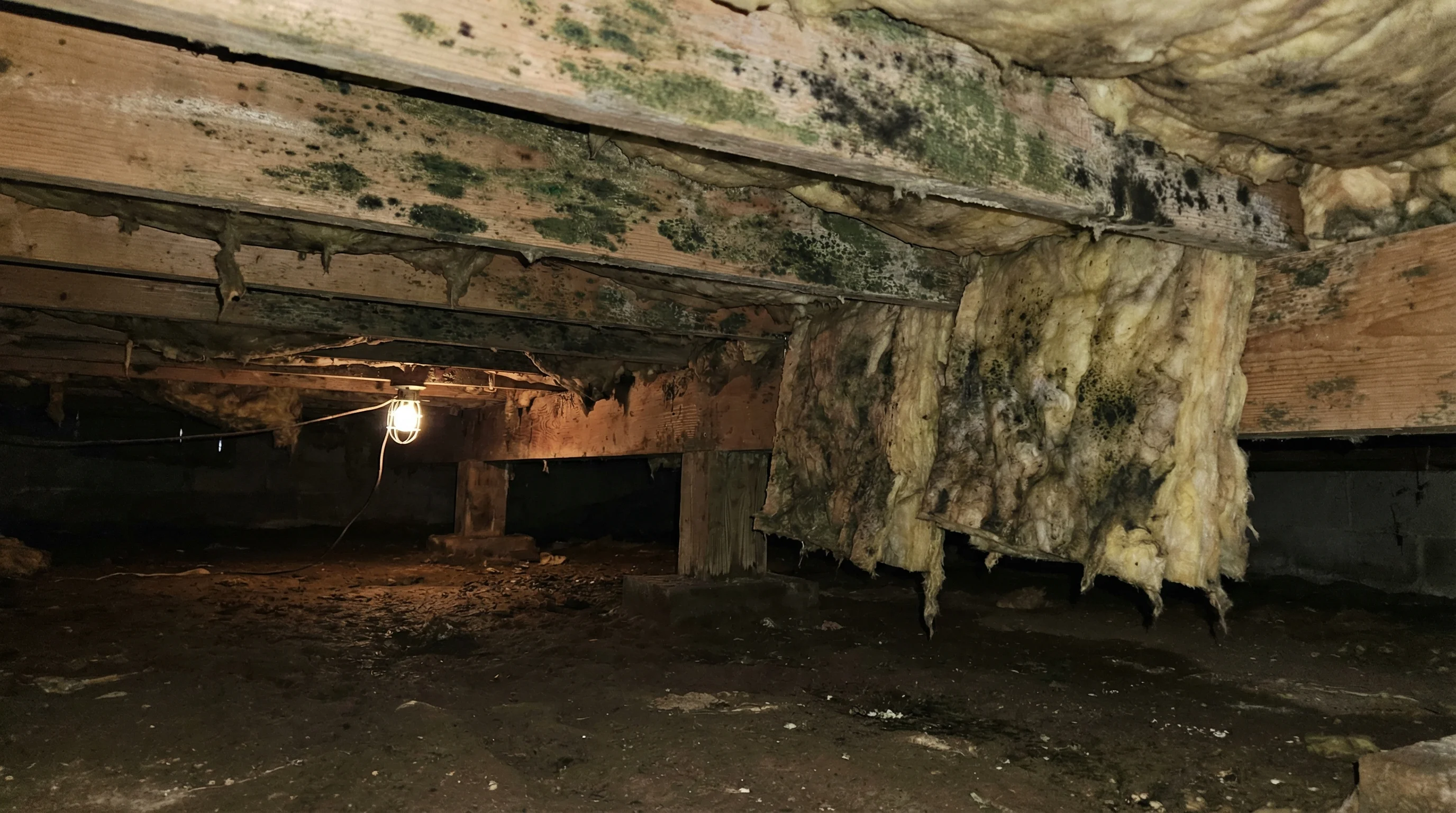 Visible mold growth on floor joists in a residential crawl space