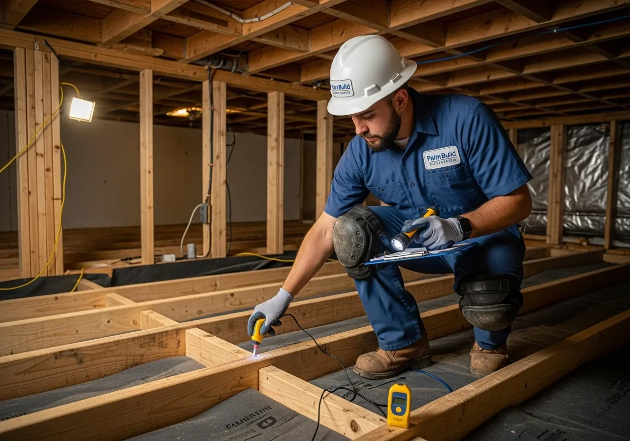 Palm Build technician documenting crawl space conditions for insurance claim support