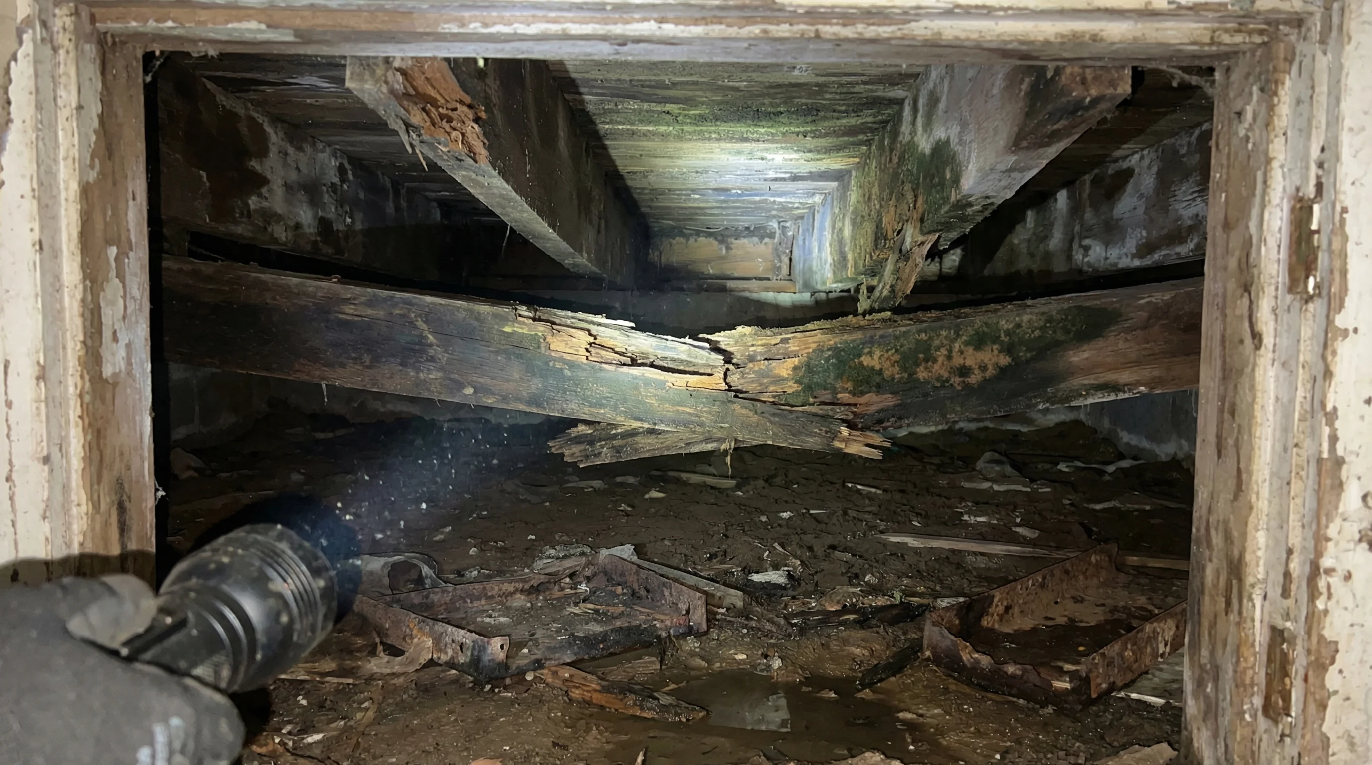 Moisture-damaged sagging floor joists in a residential crawl space