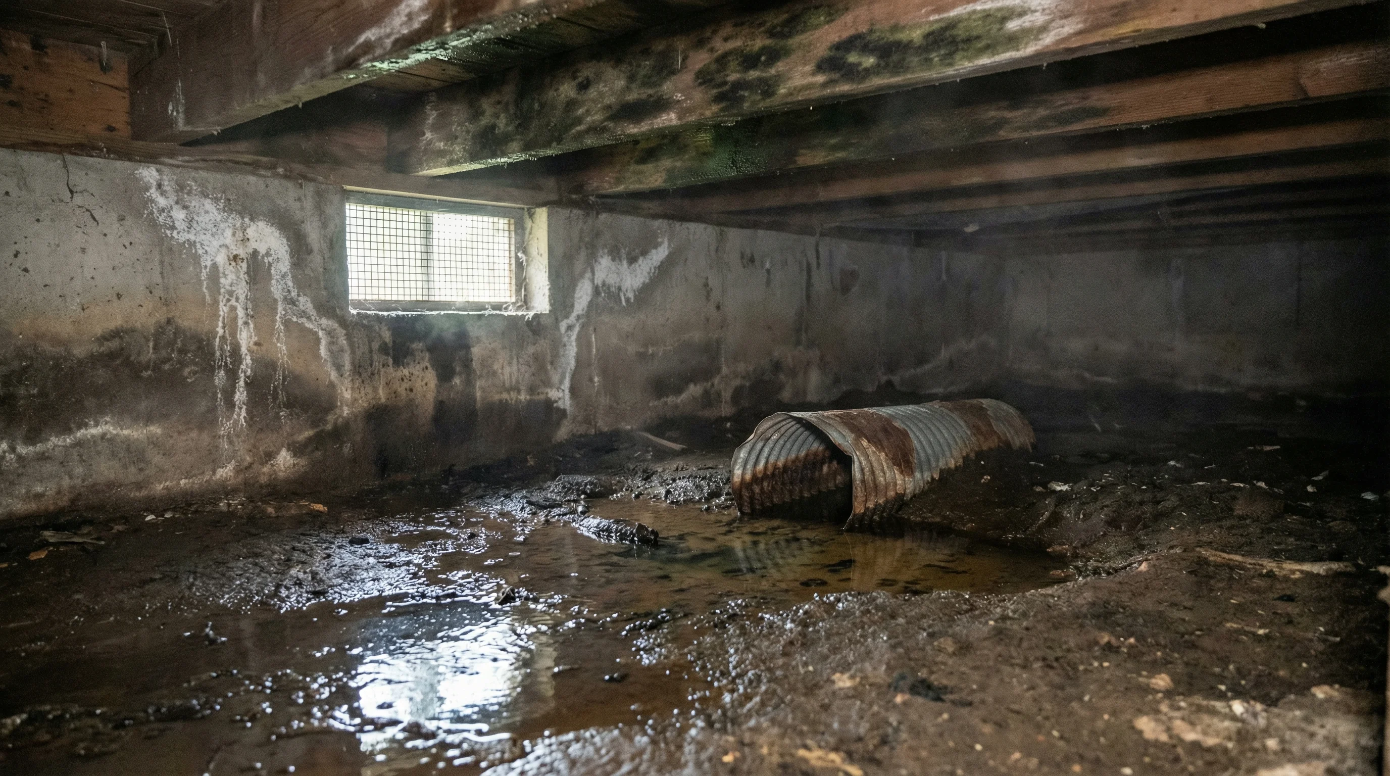 Standing water in a residential crawl space requiring emergency extraction