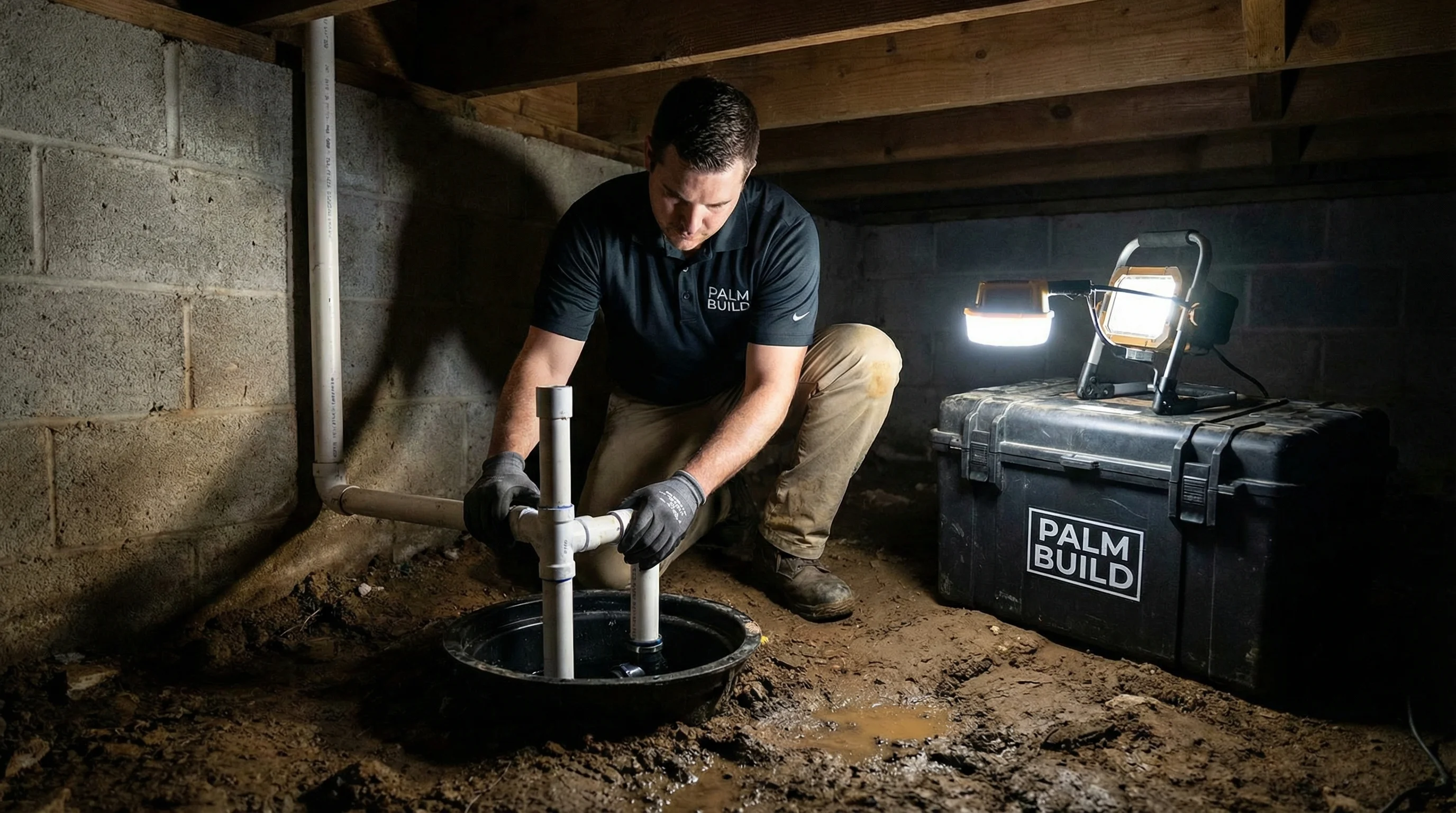 Sump pump basin and float-activated pump installed in crawl space