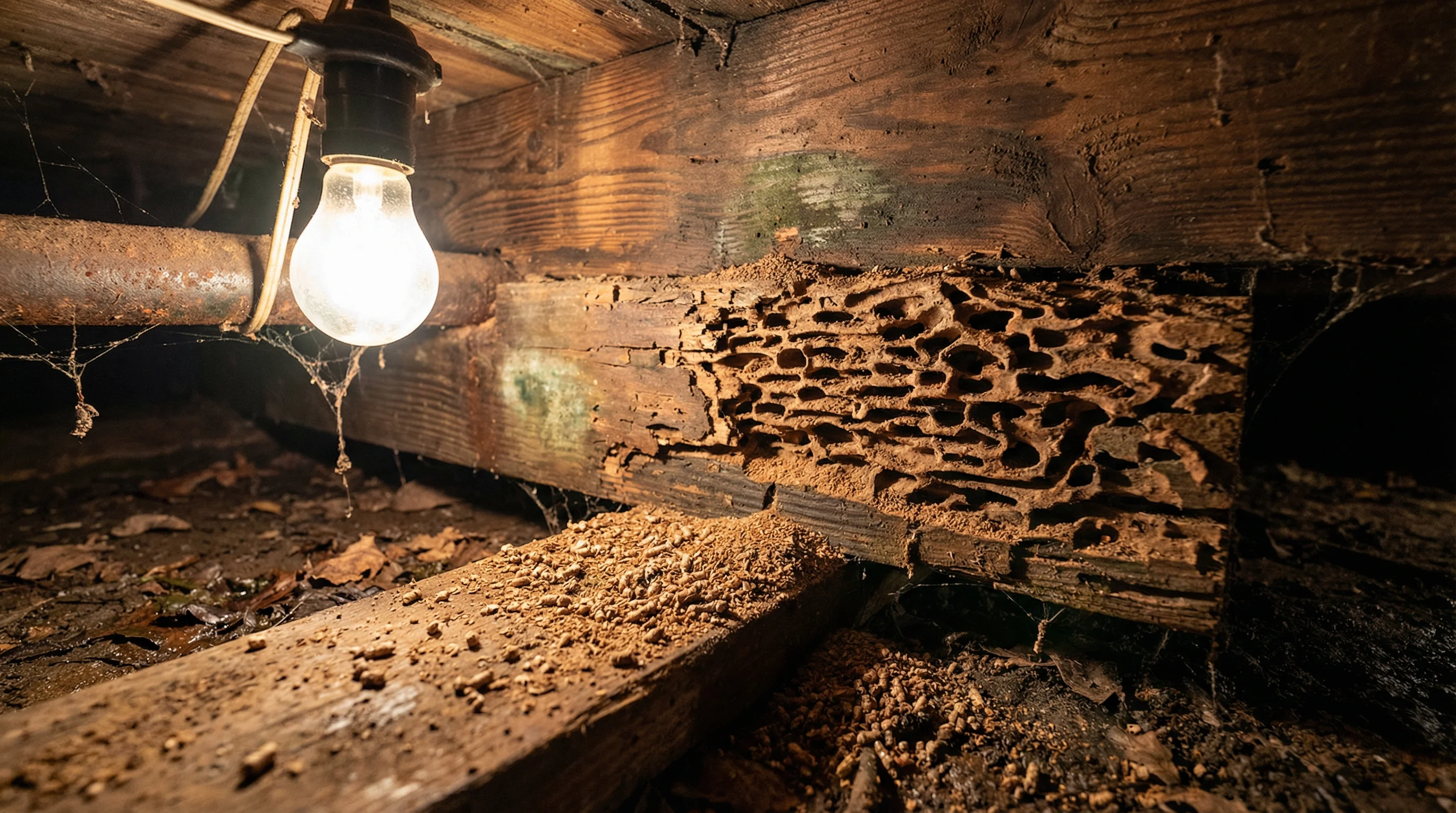 Termite damage on crawl space floor joists and structural wood