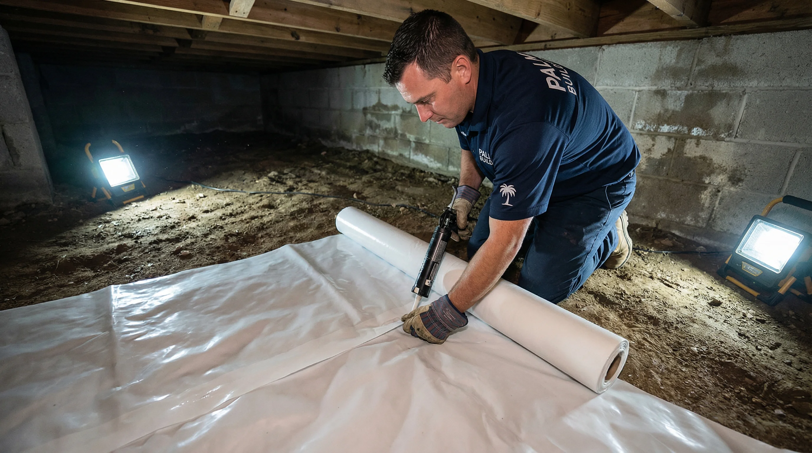 Vapor barrier being installed before wall insulation in crawl space