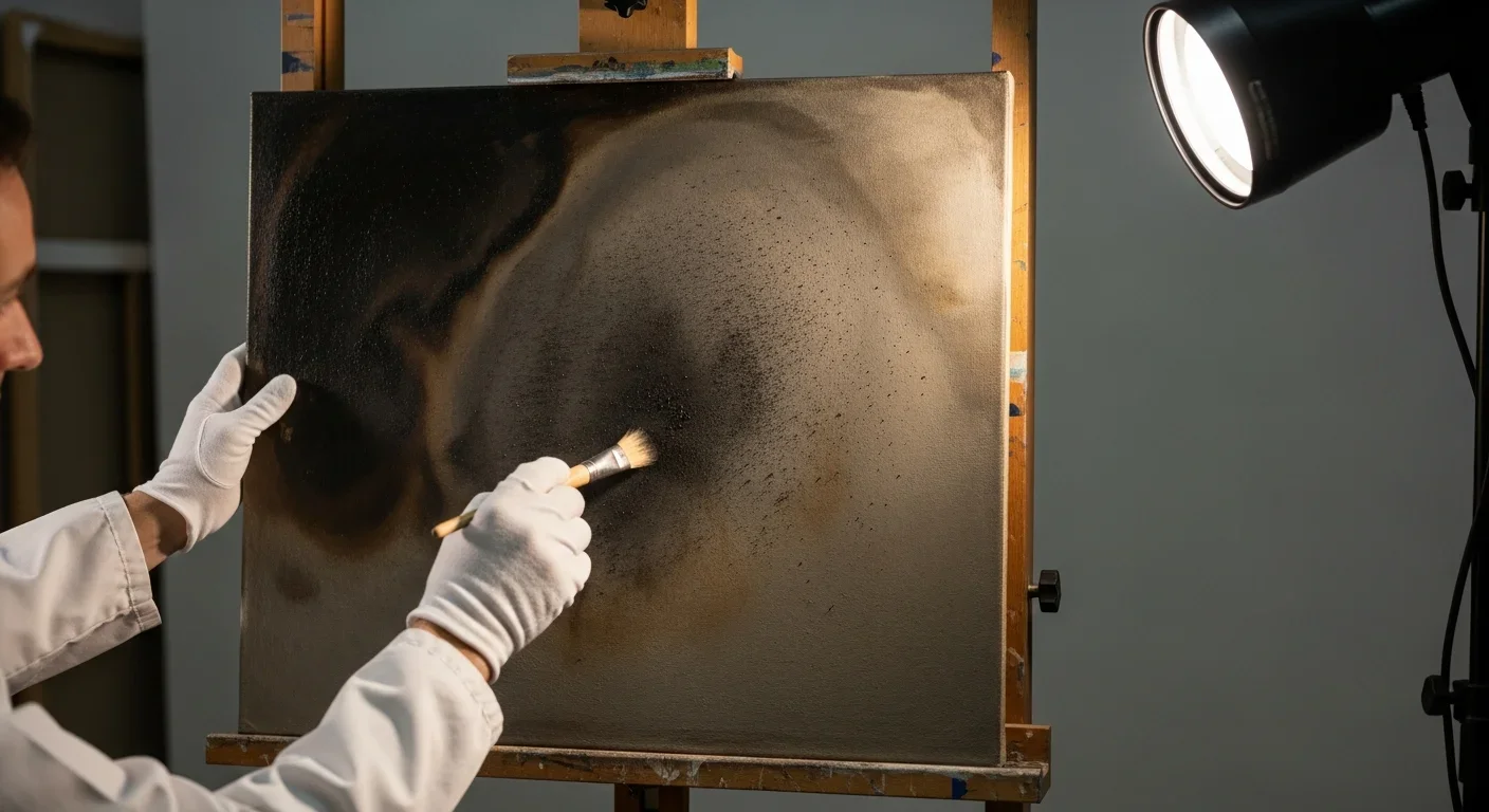Art conservator cleaning smoke residue from oil painting in controlled restoration studio