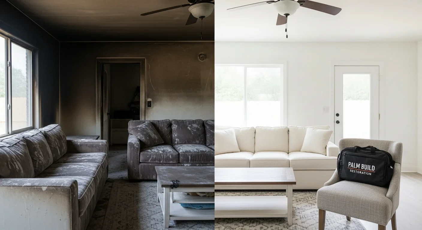 Before and after side by side of fire-damaged living room showing full Palm Build restoration