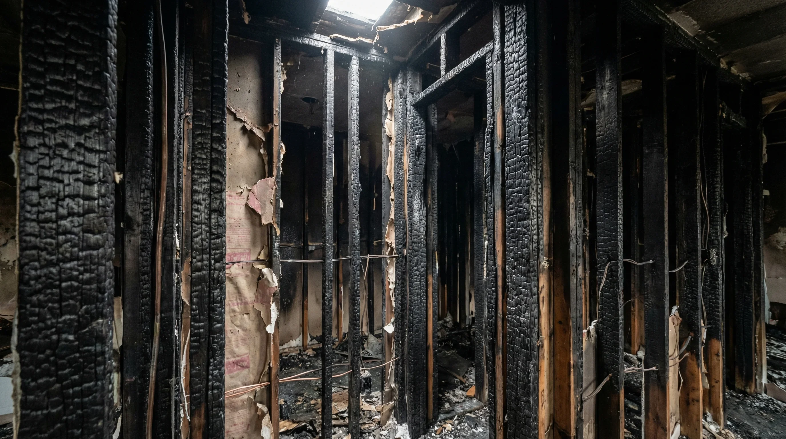 Charred structural wood framing showing burn depth and compromised load-bearing members