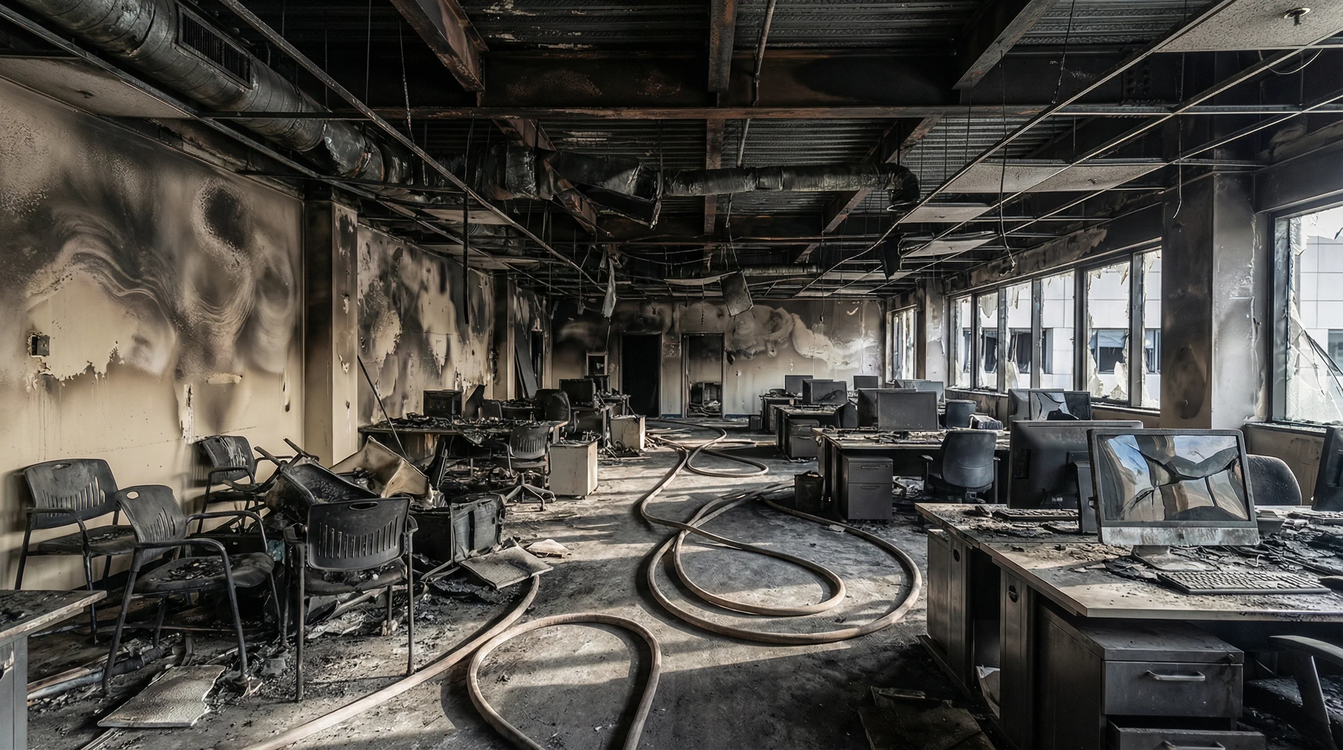 Commercial building fire damage showing smoke-damaged office interior