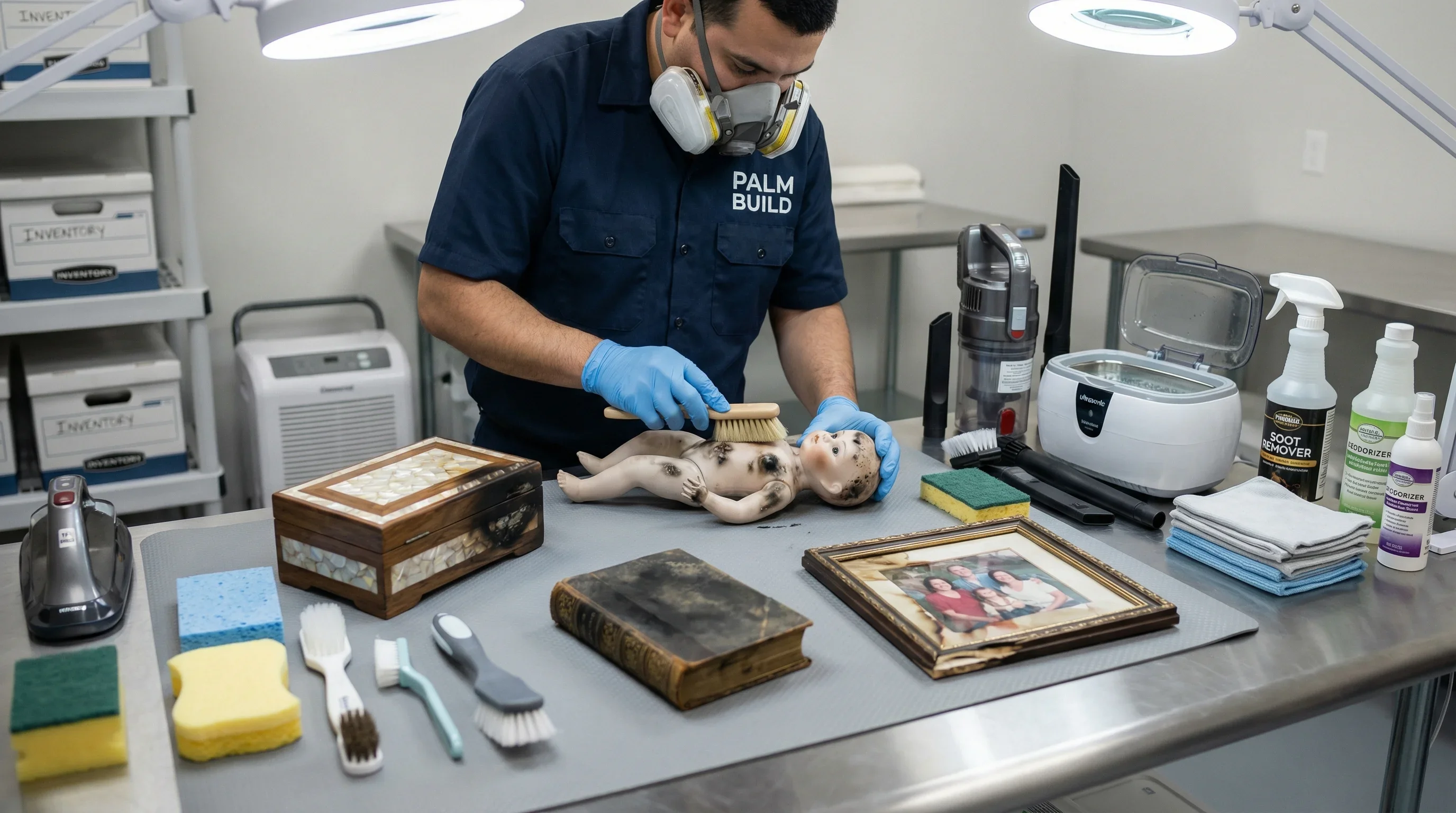 Technicians cleaning and restoring smoke-damaged personal belongings and contents
