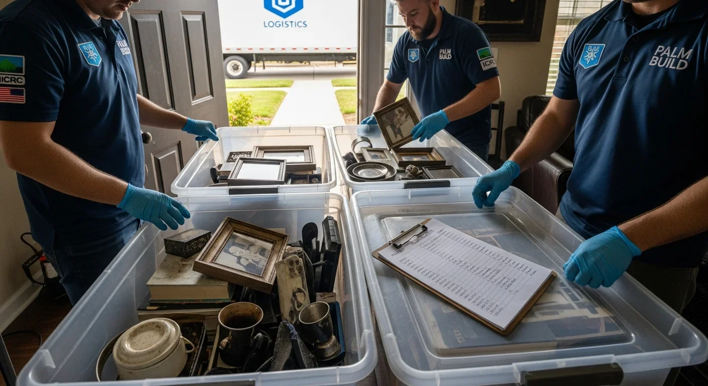 Pack-out process for fire-damaged contents with crew loading labeled containers