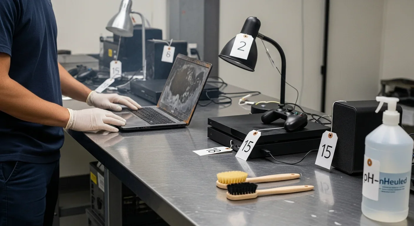 Fire-damaged electronics being professionally cleaned on restoration facility workbench