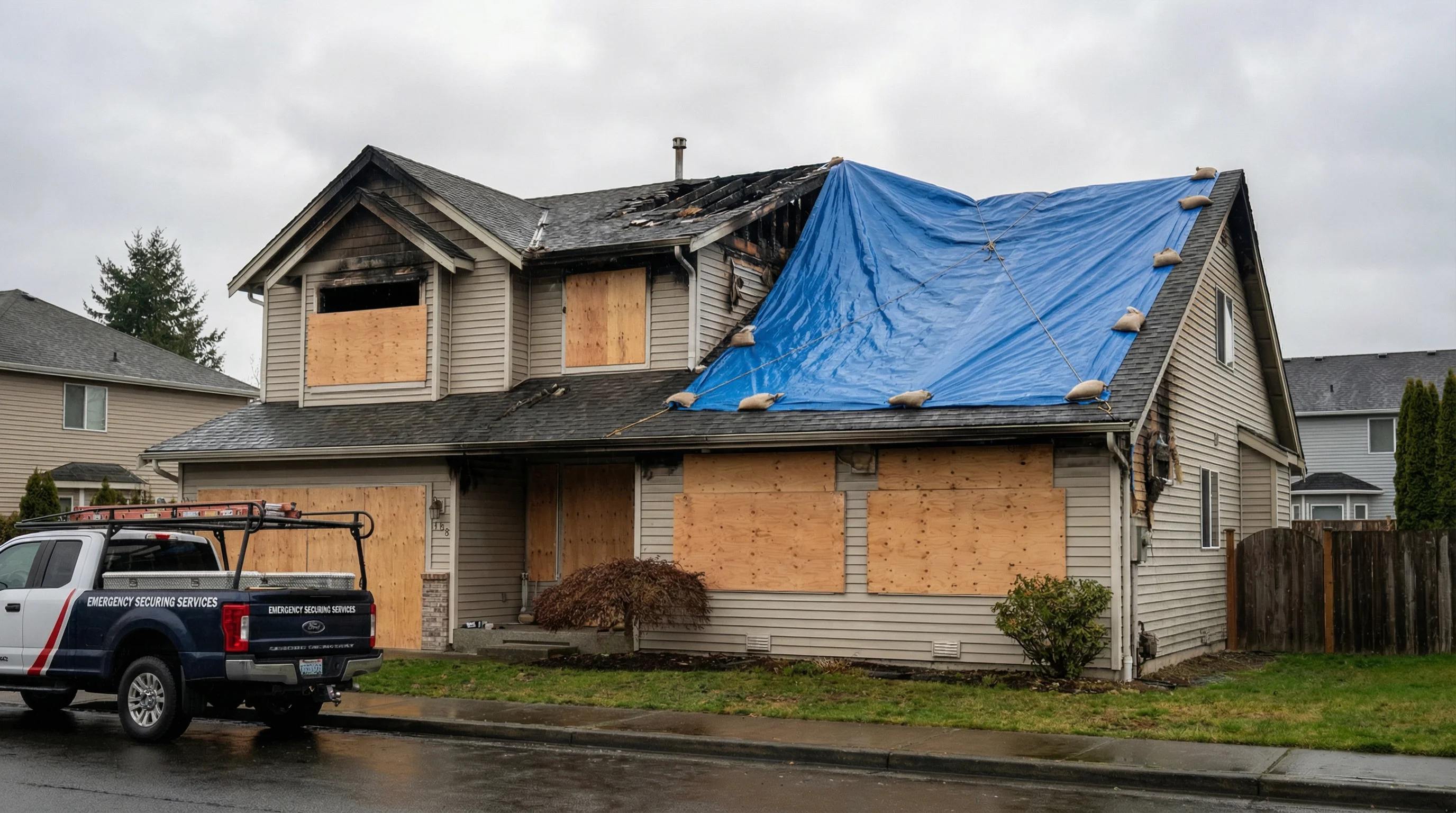 Professional crew boarding up windows on fire-damaged residential home