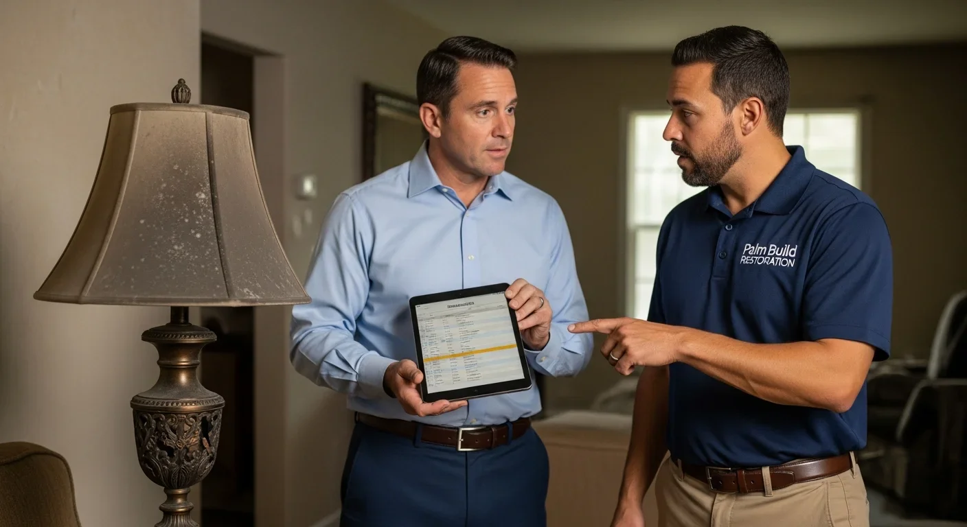 Insurance adjuster and Palm Build technician jointly inventorying fire-damaged contents with tablet