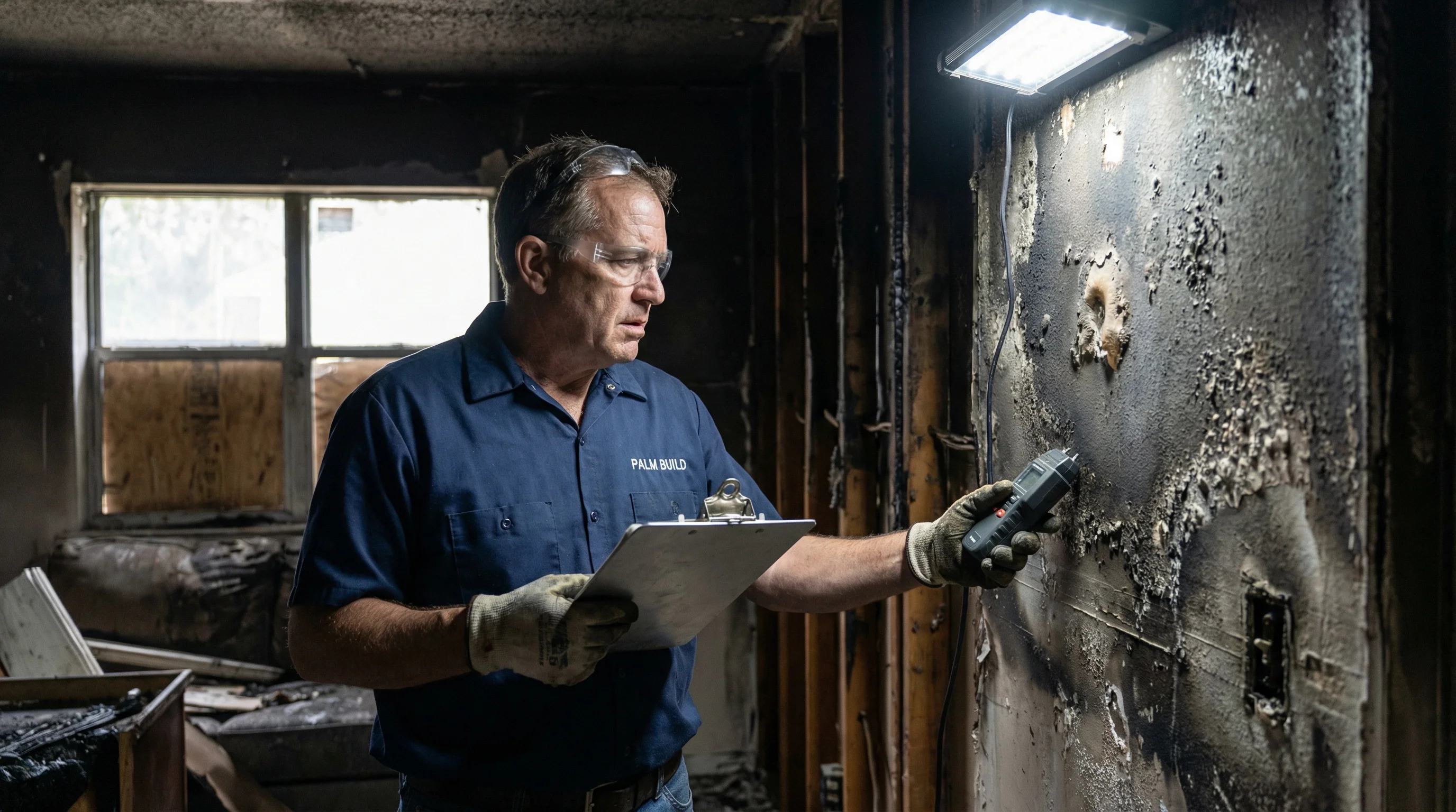 Fire restoration technician in Palm Build uniform inspecting fire damage and documenting assessment