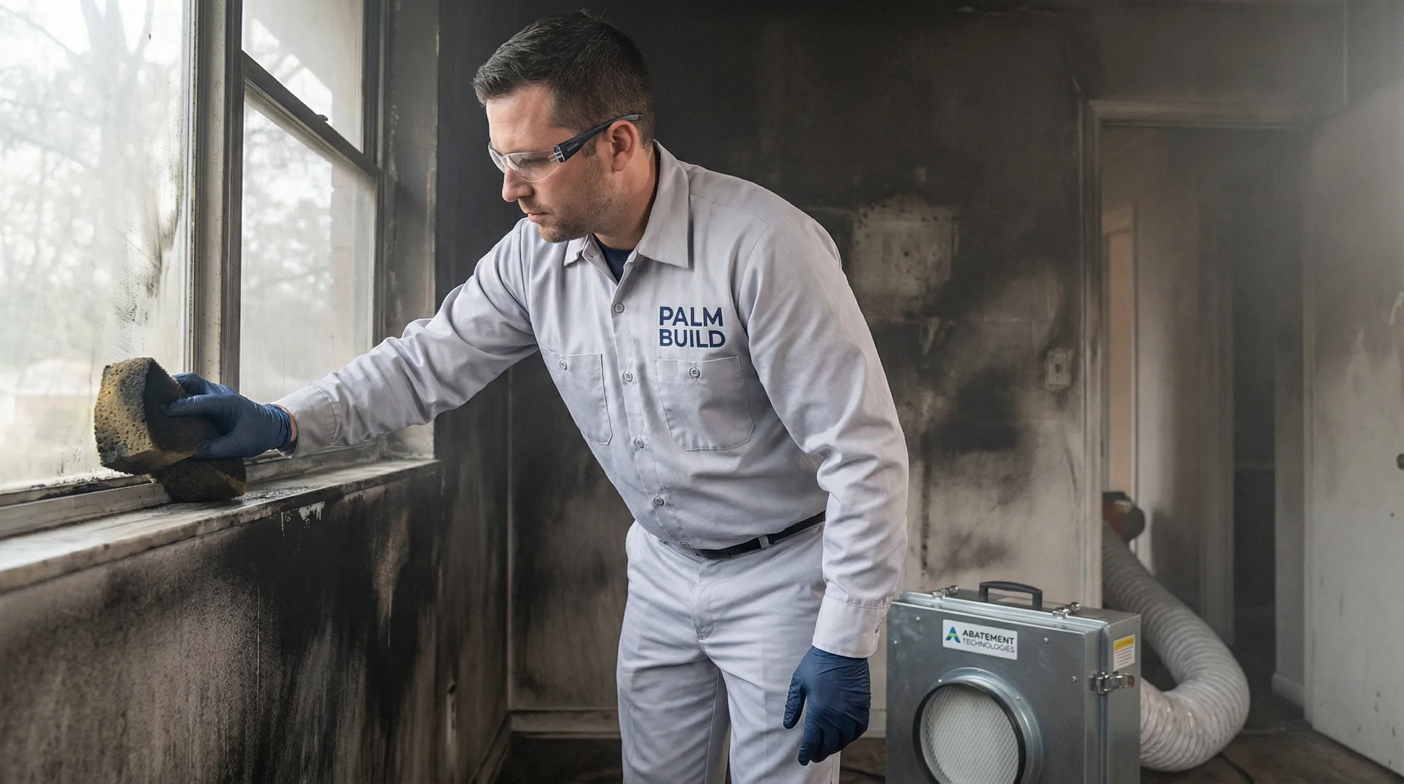 Restoration technician performing detailed smoke damage cleaning on interior surfaces