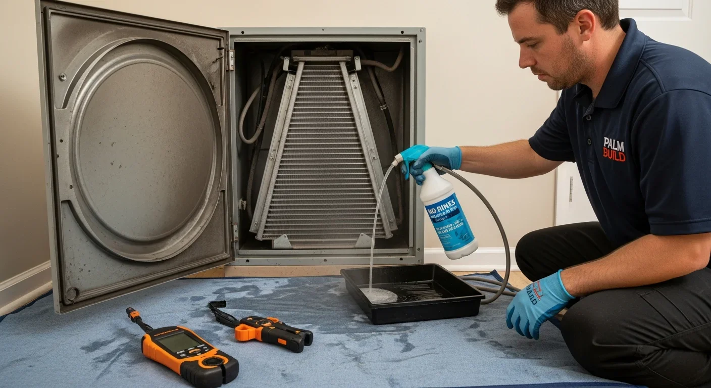 Palm Build technician cleaning smoke-contaminated HVAC evaporator coil with pump sprayer no-rinse cleaner