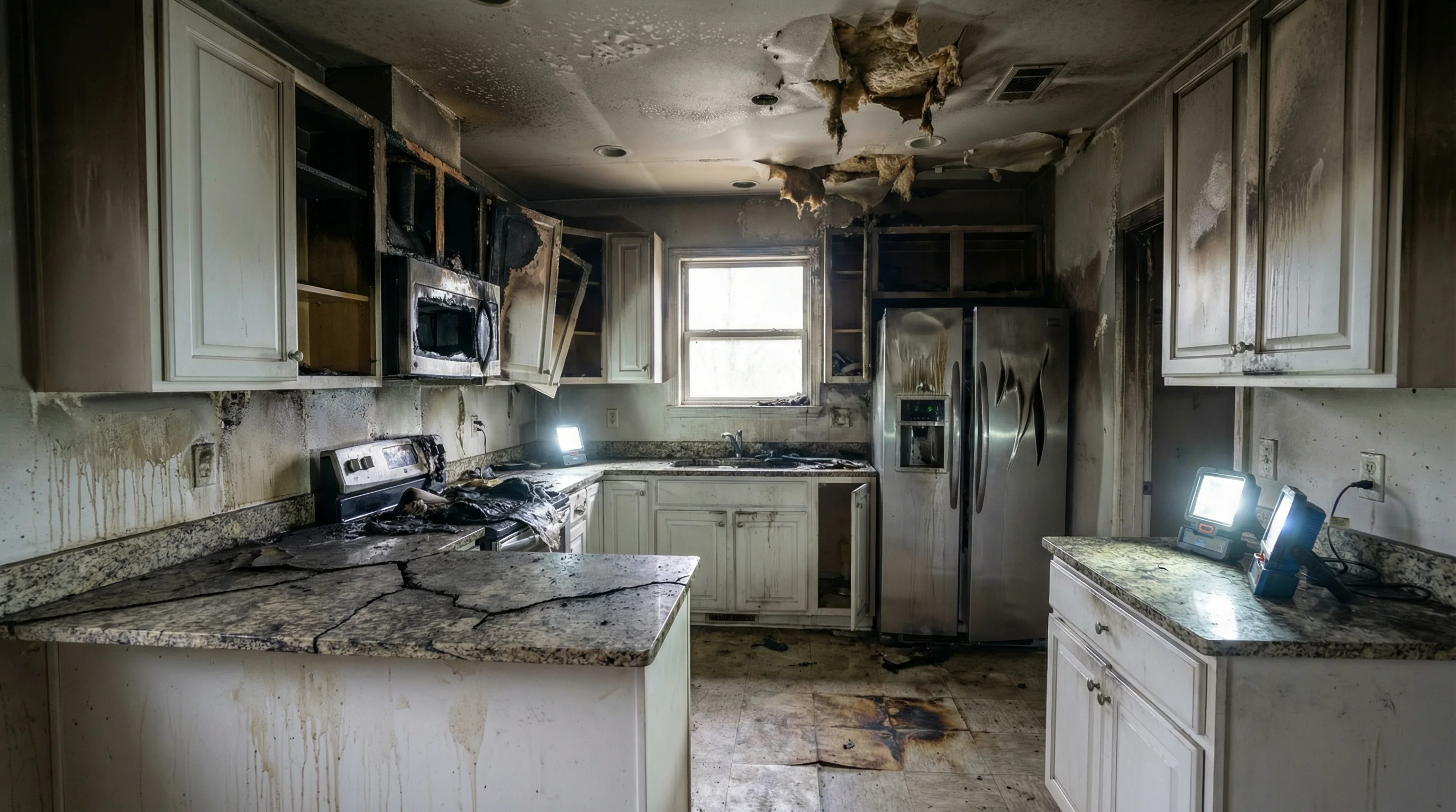 Kitchen after fire damage showing charred cabinets and smoke damage