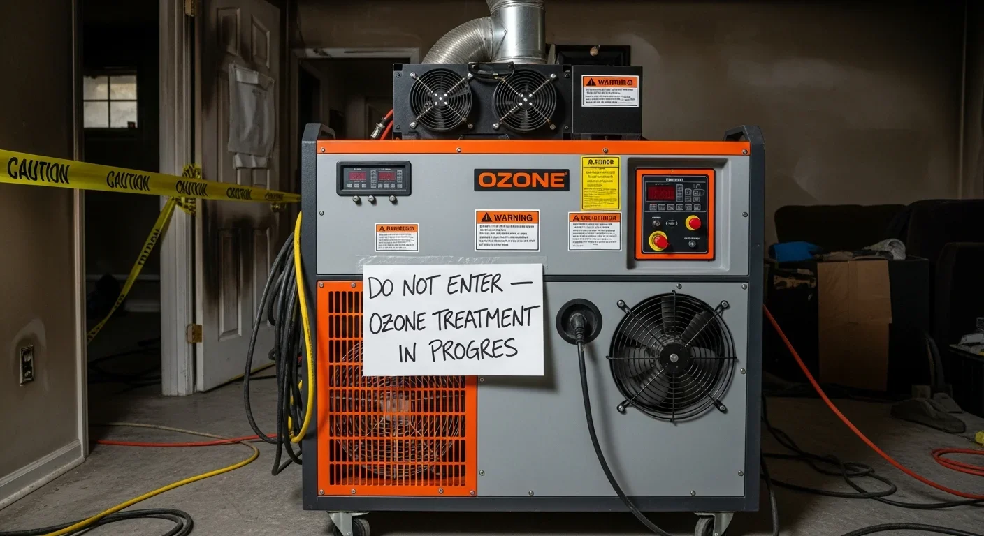 Commercial ozone generator deployed in smoke-damaged residential living room during fire restoration treatment
