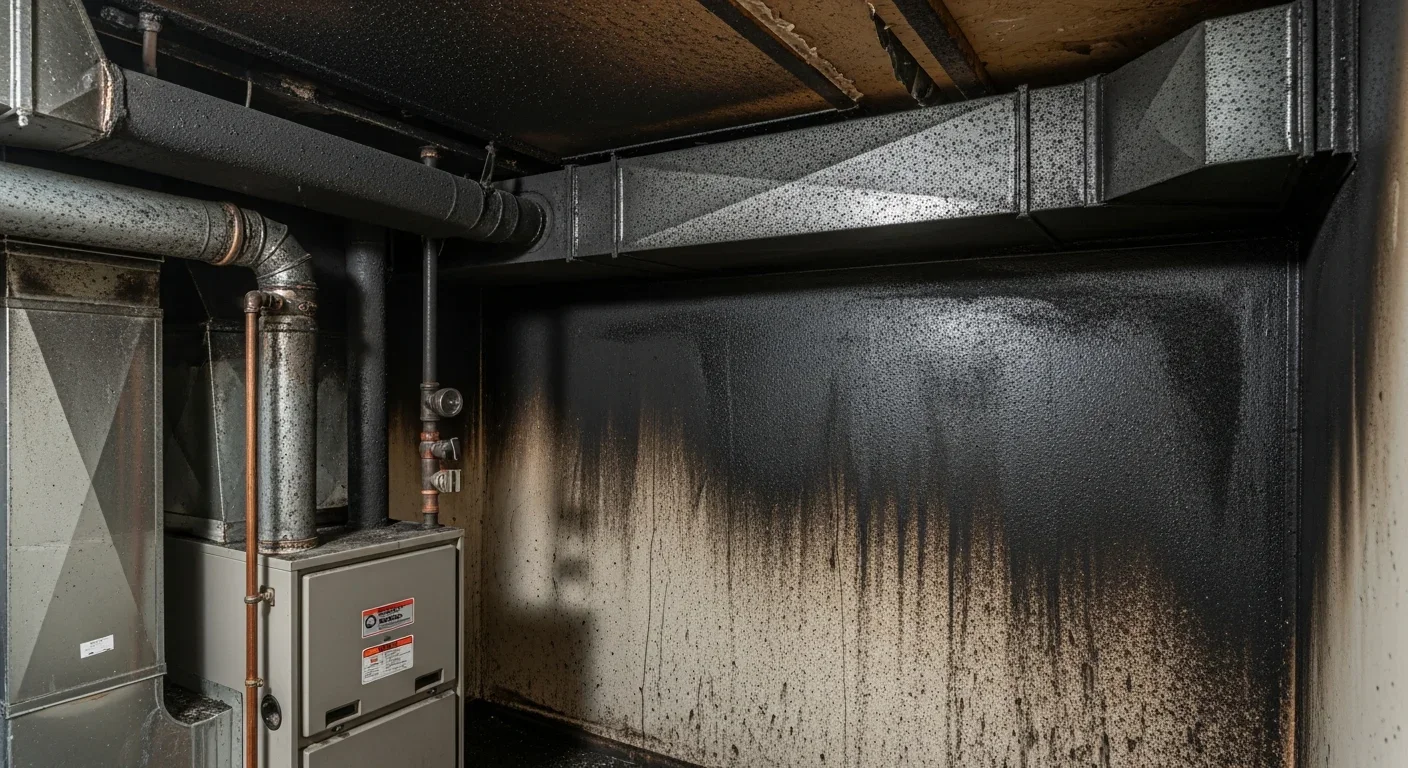 Furnace puffback fine oil soot distributed whole-home through HVAC showing contamination pattern