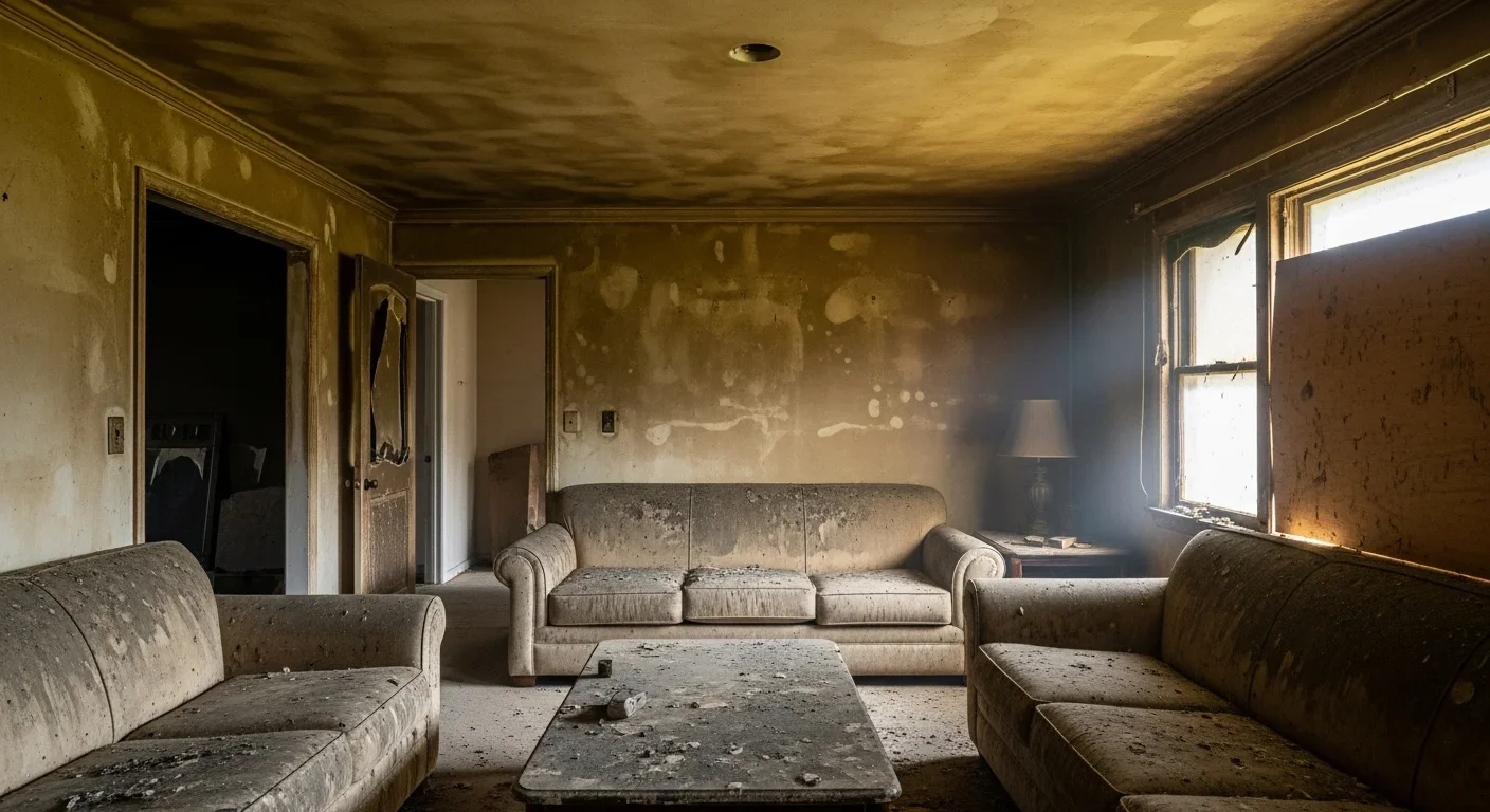 Heavy smoke staining on residential living room walls showing progressive damage at 48+ hours after fire