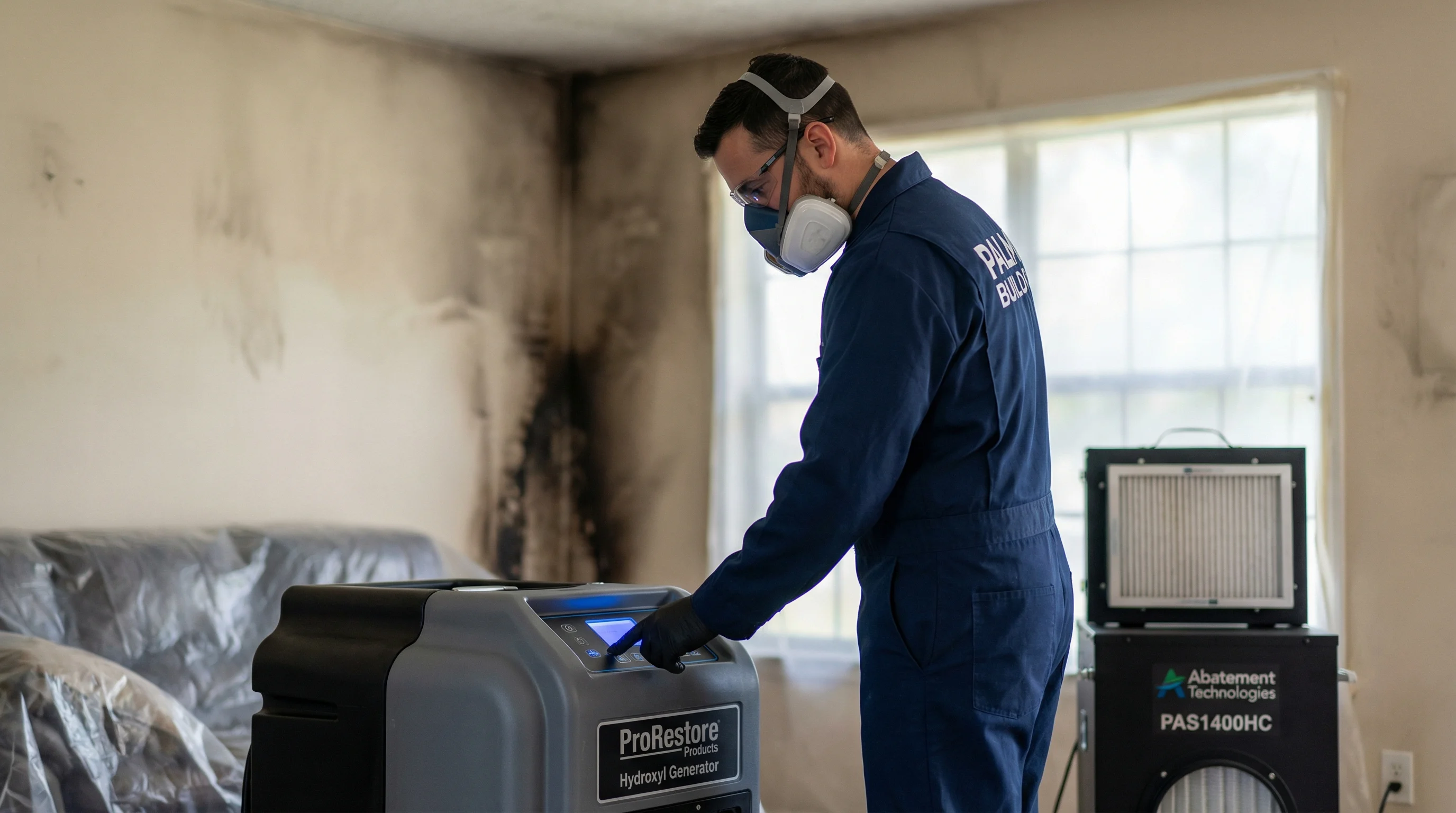 Professional smoke odor elimination equipment including hydroxyl generator and air scrubber