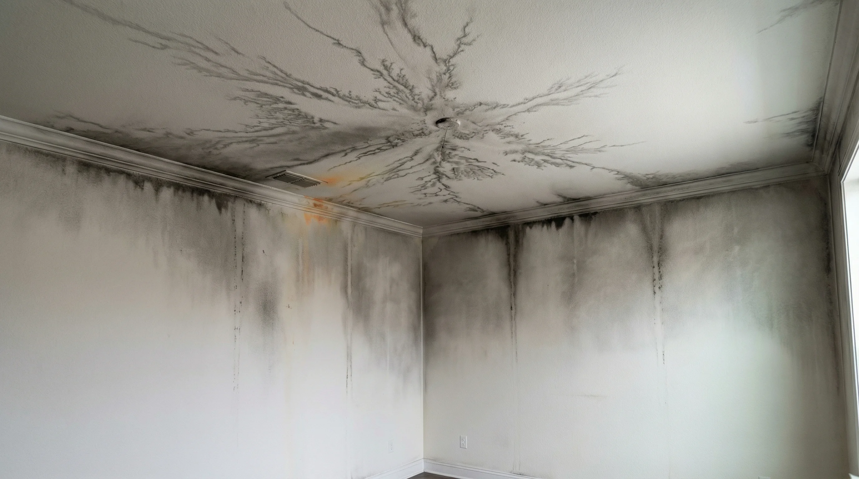 Smoke stains on ceiling and walls showing smoke travel patterns