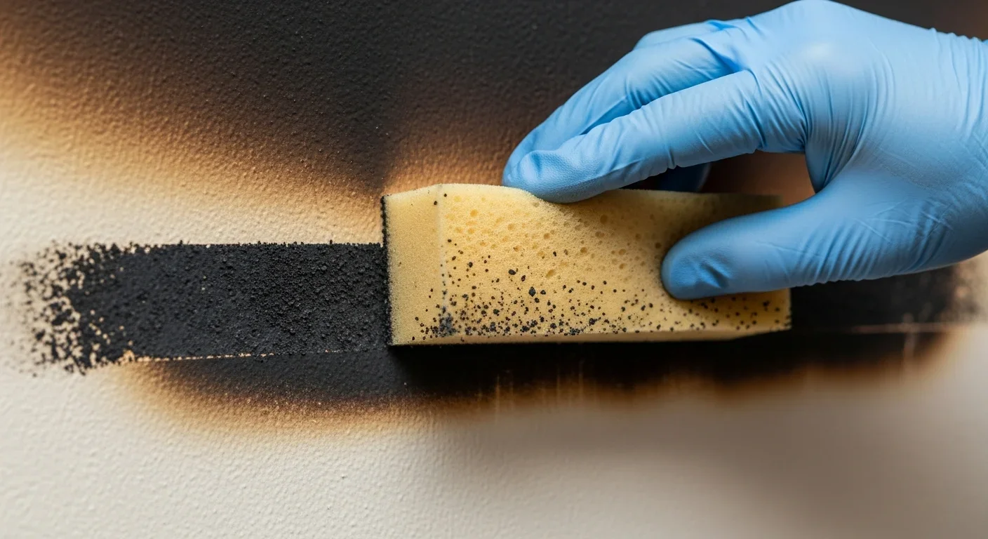 Close-up of dry chemical sponge lifting soot from a painted wall in single downward stroke