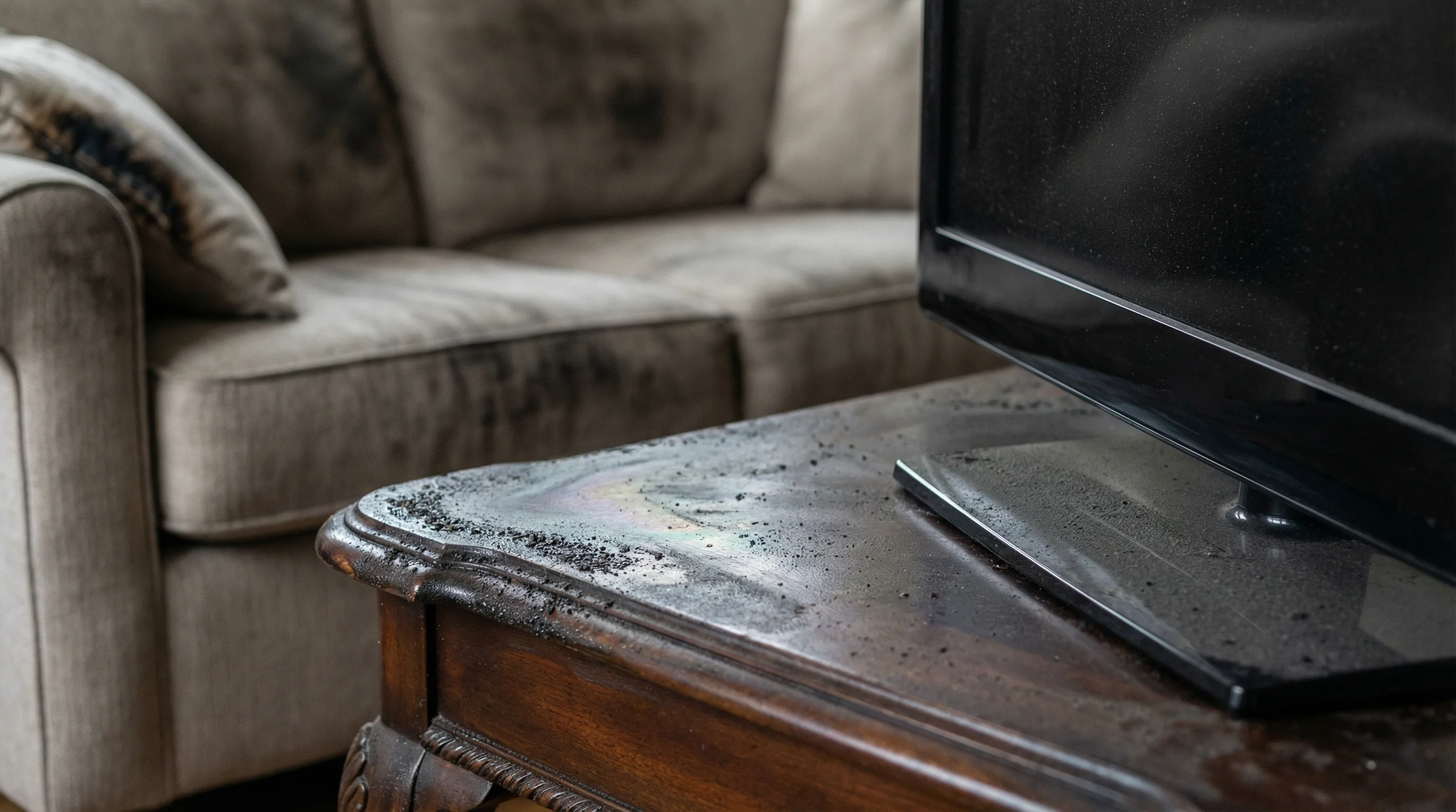 Heavy black soot residue on furniture surfaces requiring professional cleaning