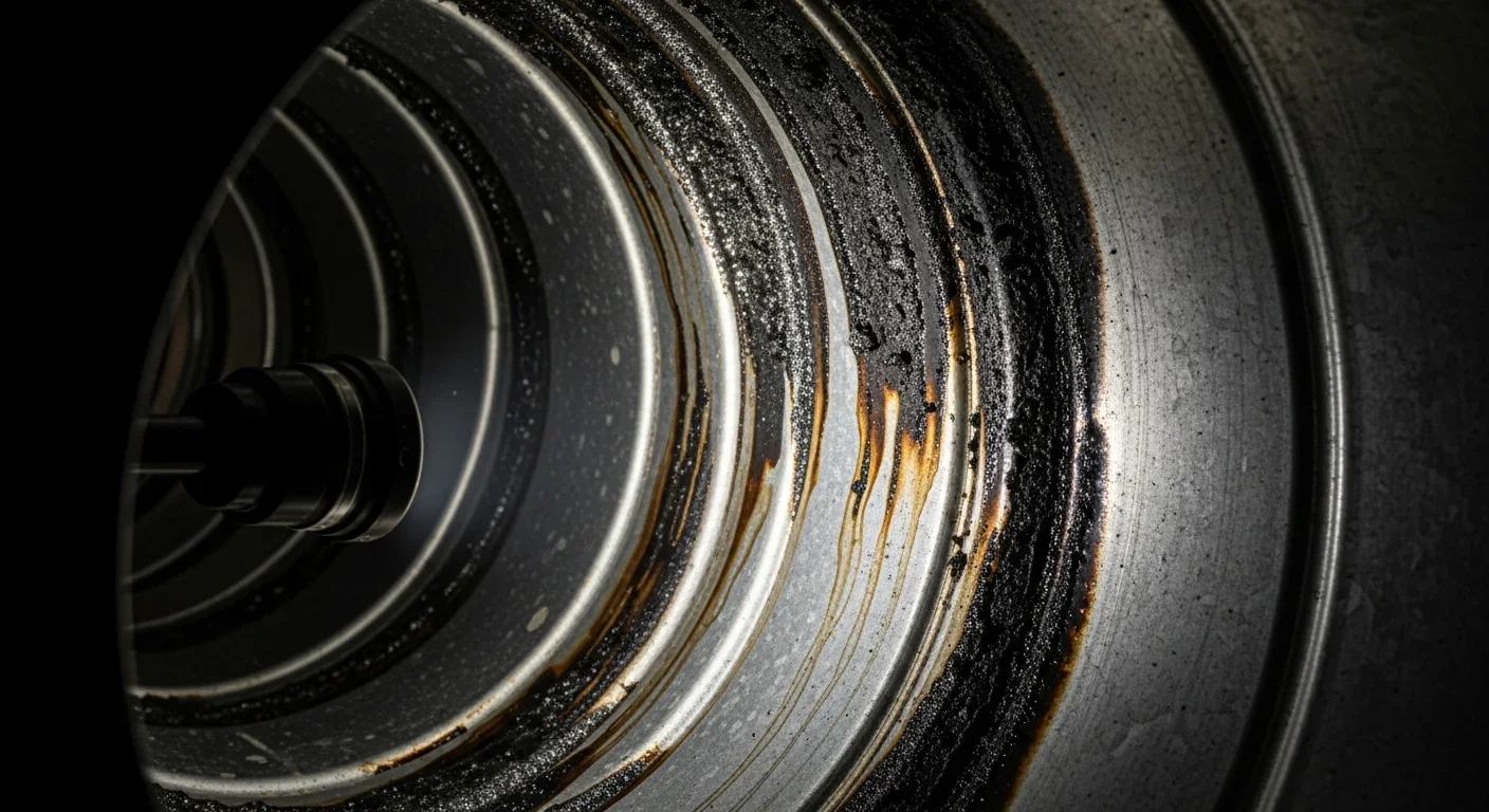 Acidic soot residue inside HVAC ductwork showing metal corrosion progression