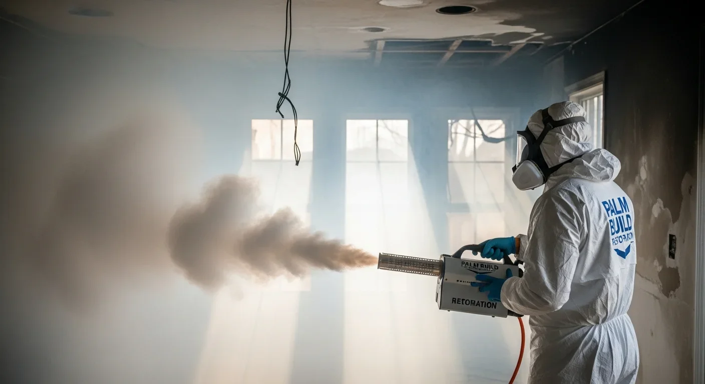 Thermal fogging deodorization treatment actively deploying vaporized odor neutralizer in fire-damaged room