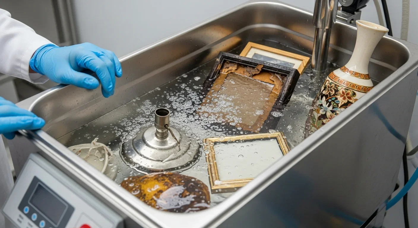 Ultrasonic cleaning bath with smoke-damaged hard goods in pH-neutral solution