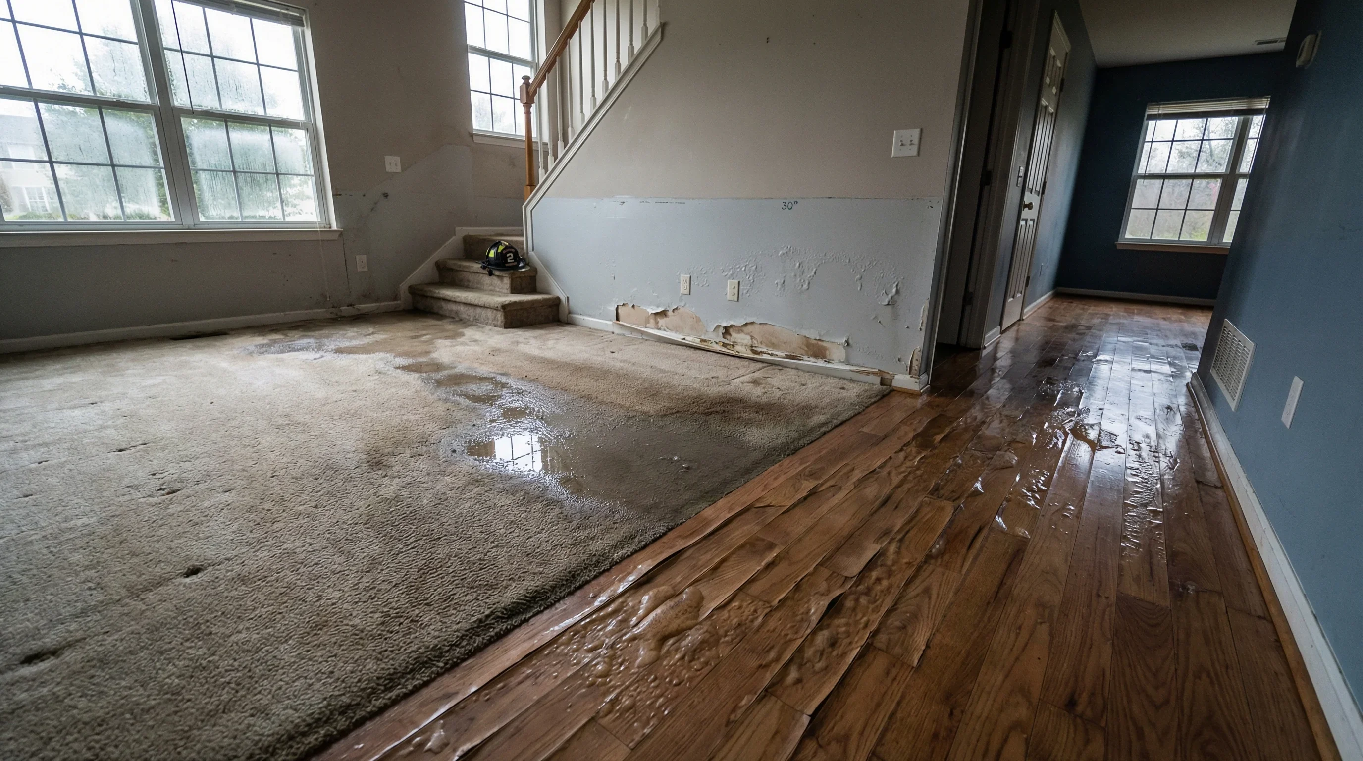 Standing water and moisture damage inside fire-damaged property from firefighting suppression efforts