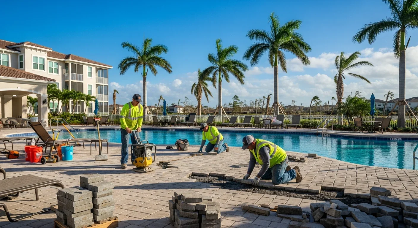 Pool deck and surrounding amenity area being restored after storm damage at a Florida condo community