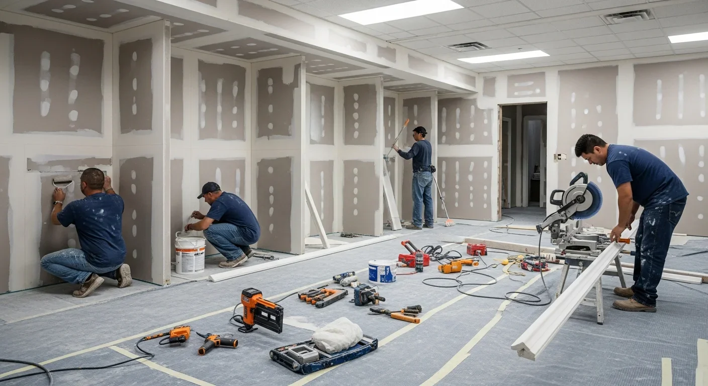HOA common area mid-reconstruction with new drywall, fresh paint, and finish carpentry by Palm Build crew