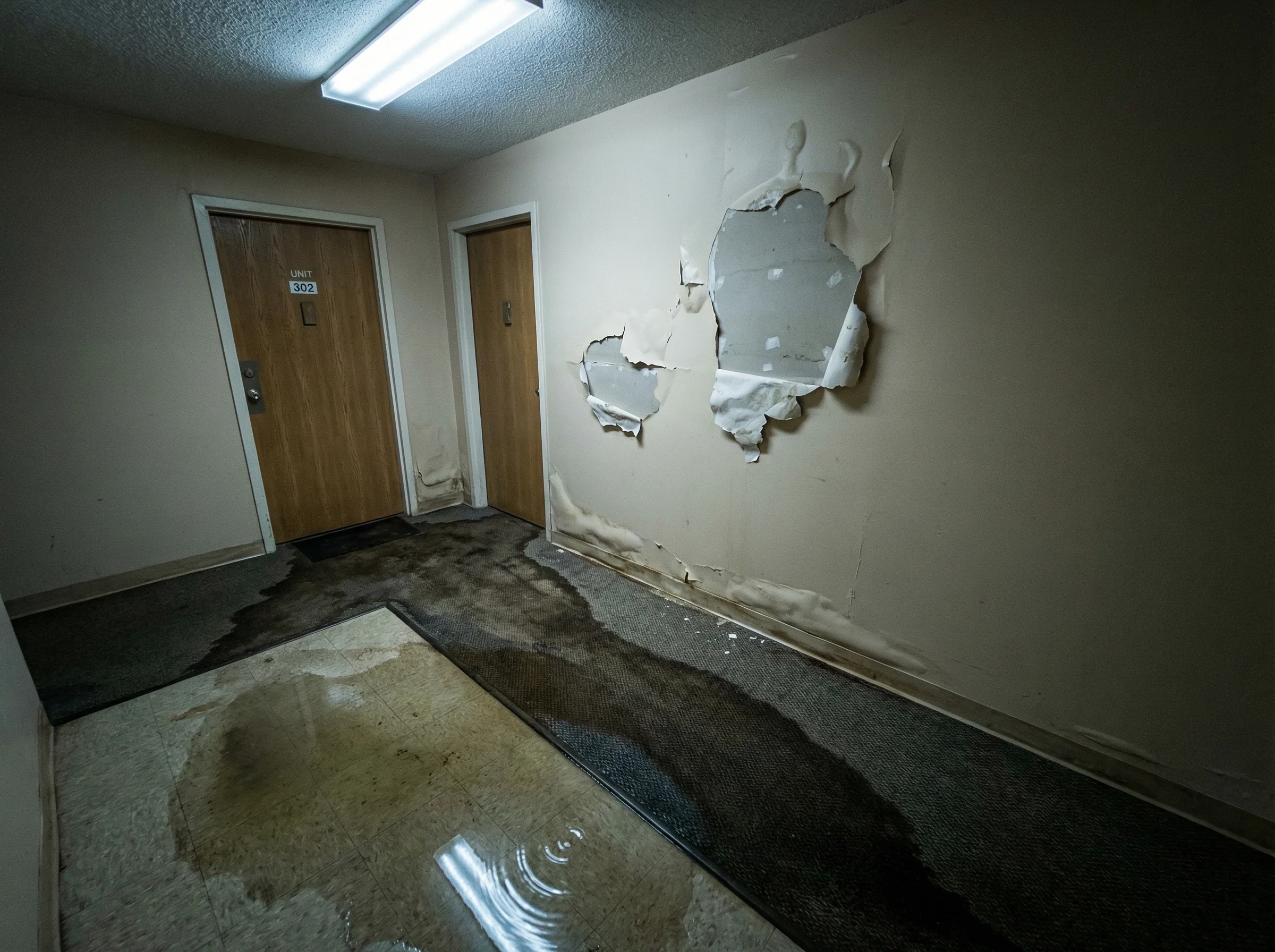 Water damage in condo hallway affecting multiple units